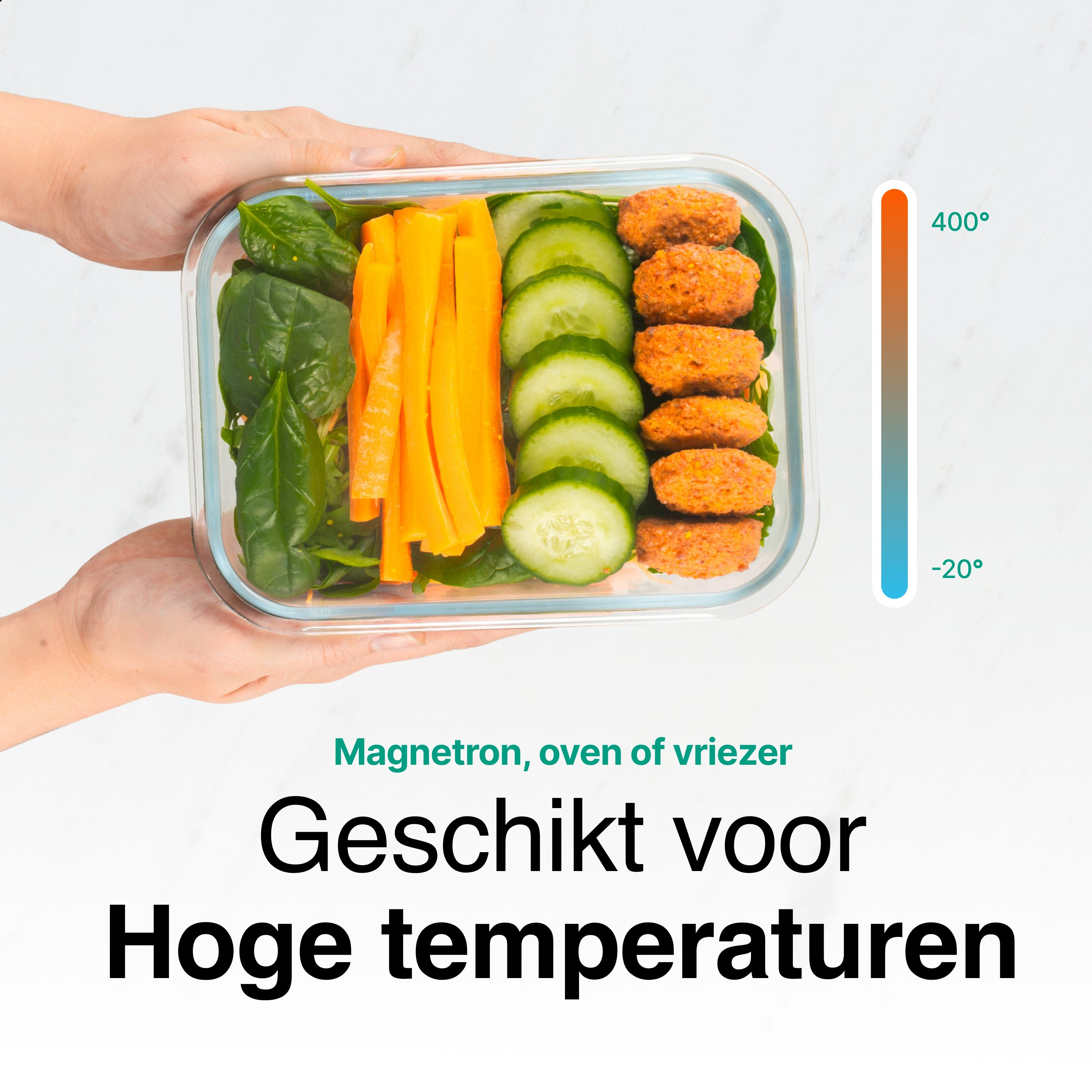 A glass container holds food: spinach, carrots, cucumber, and fried food. Hands hold the container, a temperature scale is on the right.
