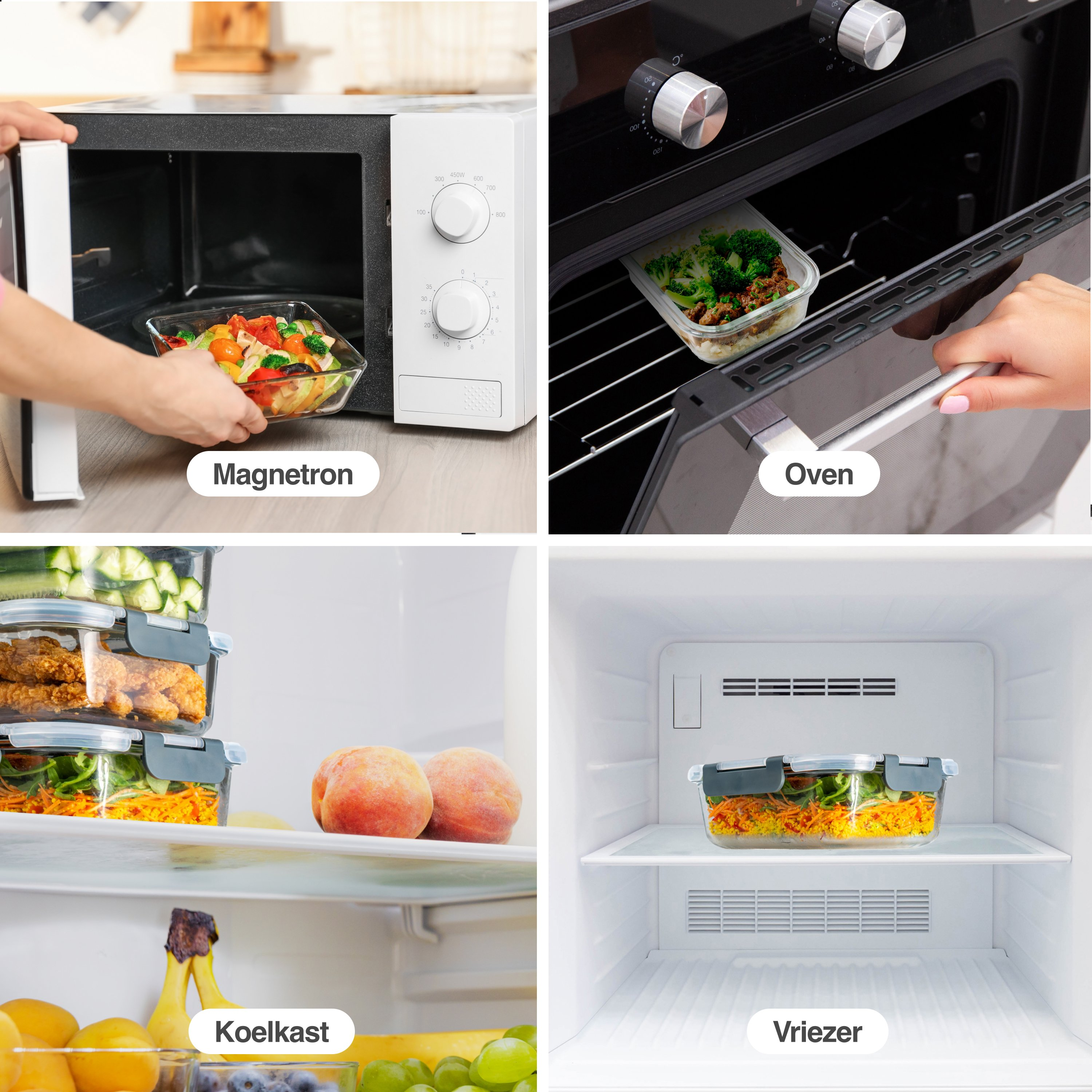 The image shows a microwave, an oven, a refrigerator, and a freezer, each with food containers inside.