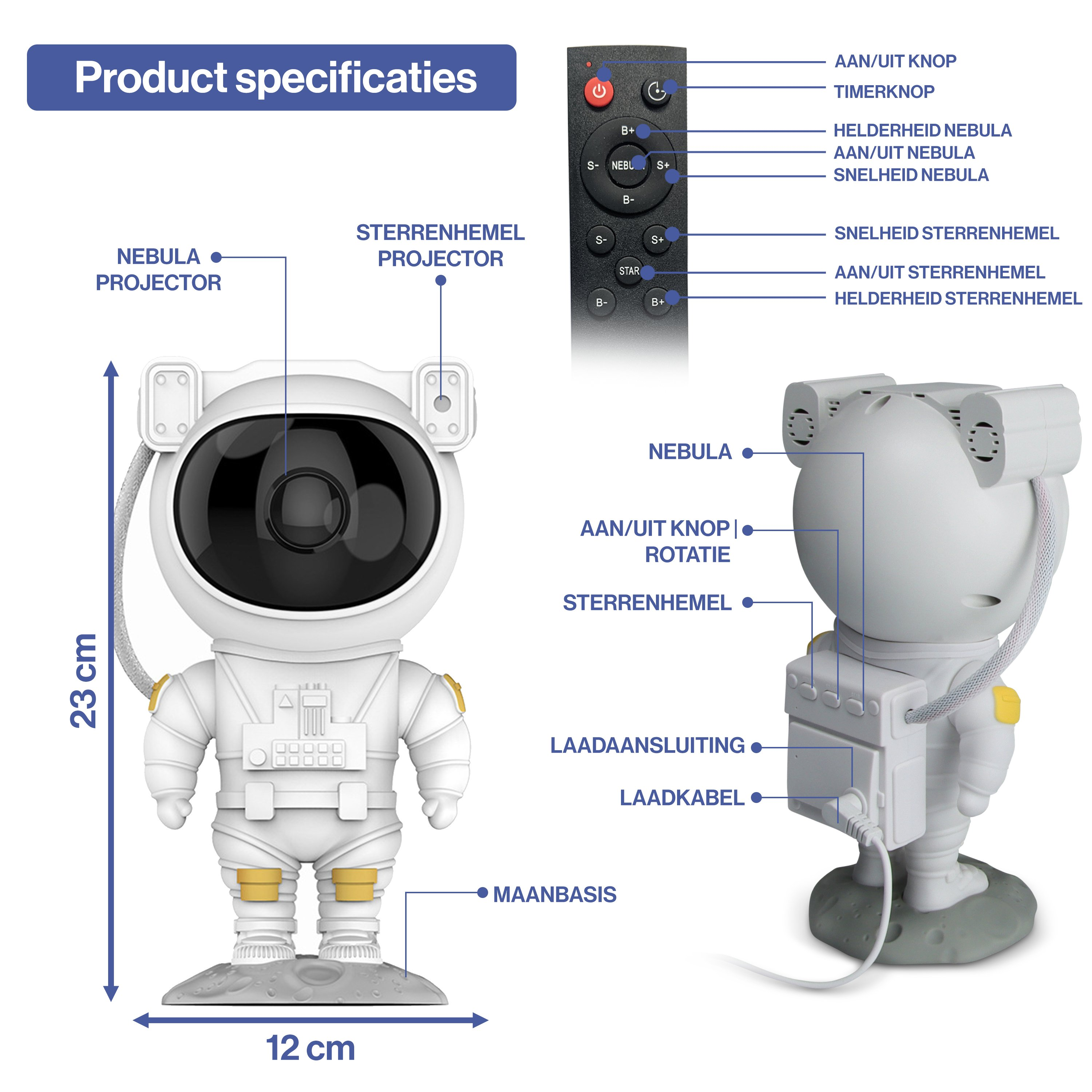 Een witte astronautvormige nevelprojector. Het heeft een afstandsbediening en een maanbasis. Labels zijn aanwezig.