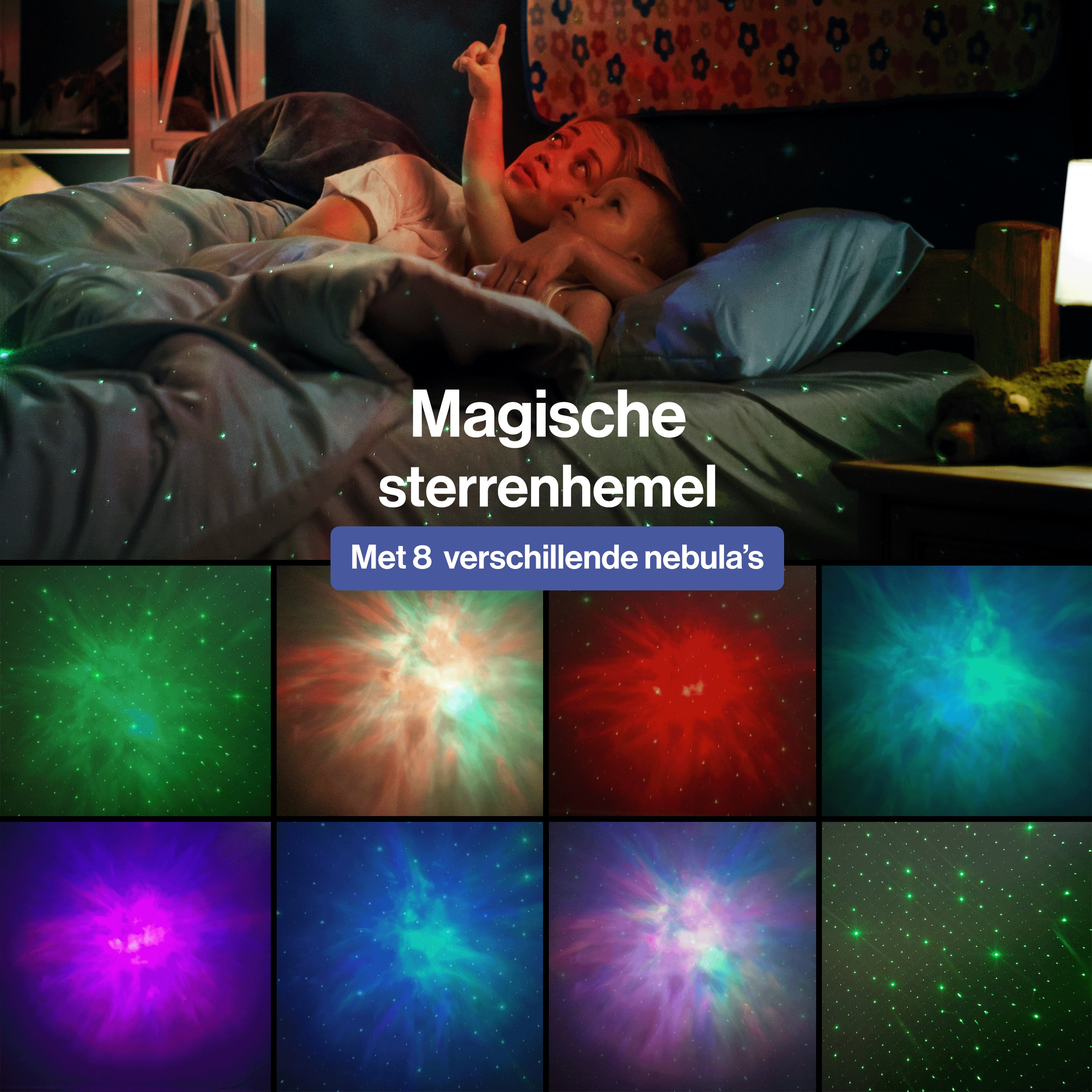 Een vrouw en een kind in bed kijken naar een sterrenprojector. De afbeelding toont ook verschillende nevelprojecties.