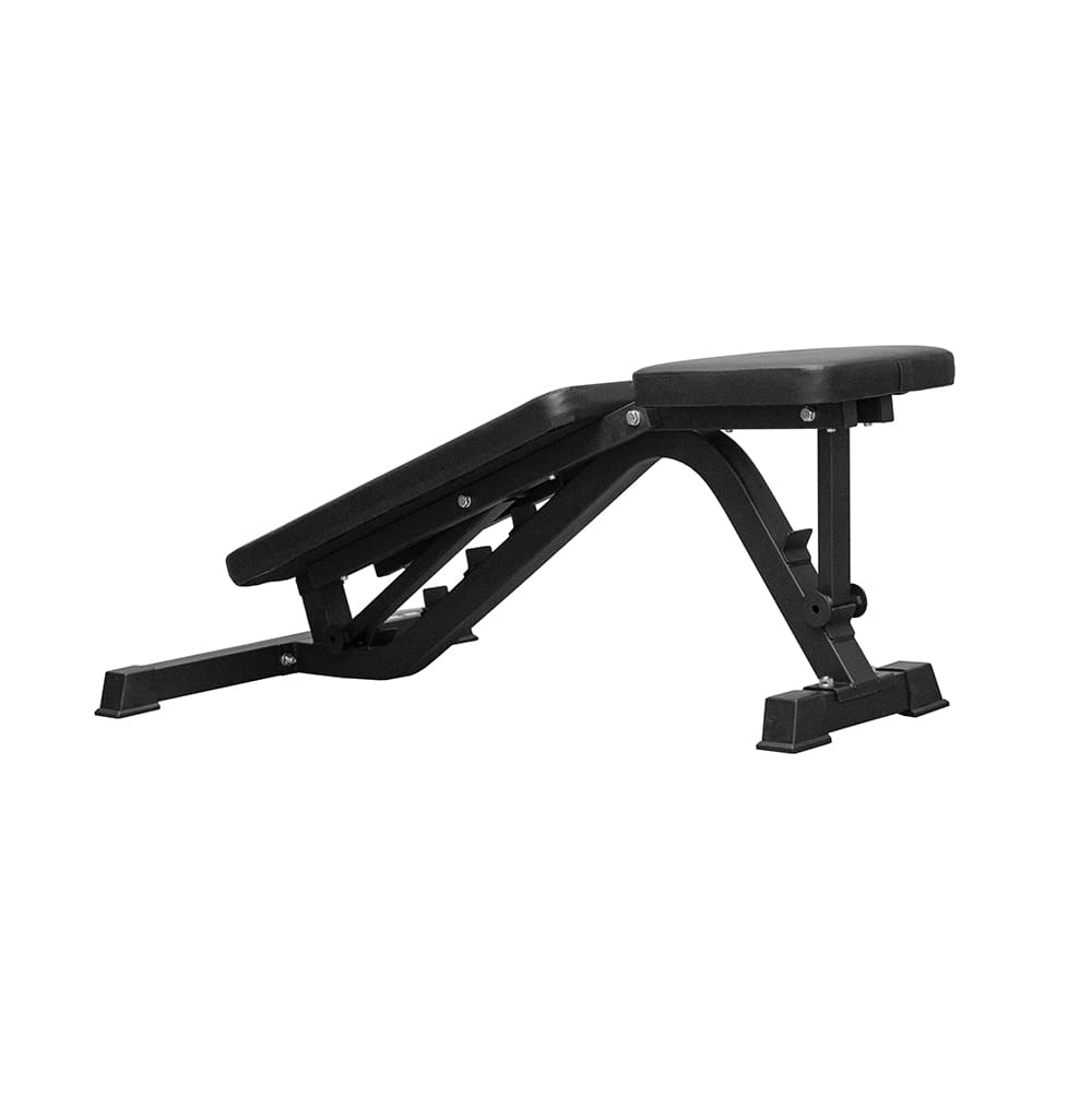 A black adjustable weight bench. It has a padded seat and backrest, and a metal frame. The bench is angled.