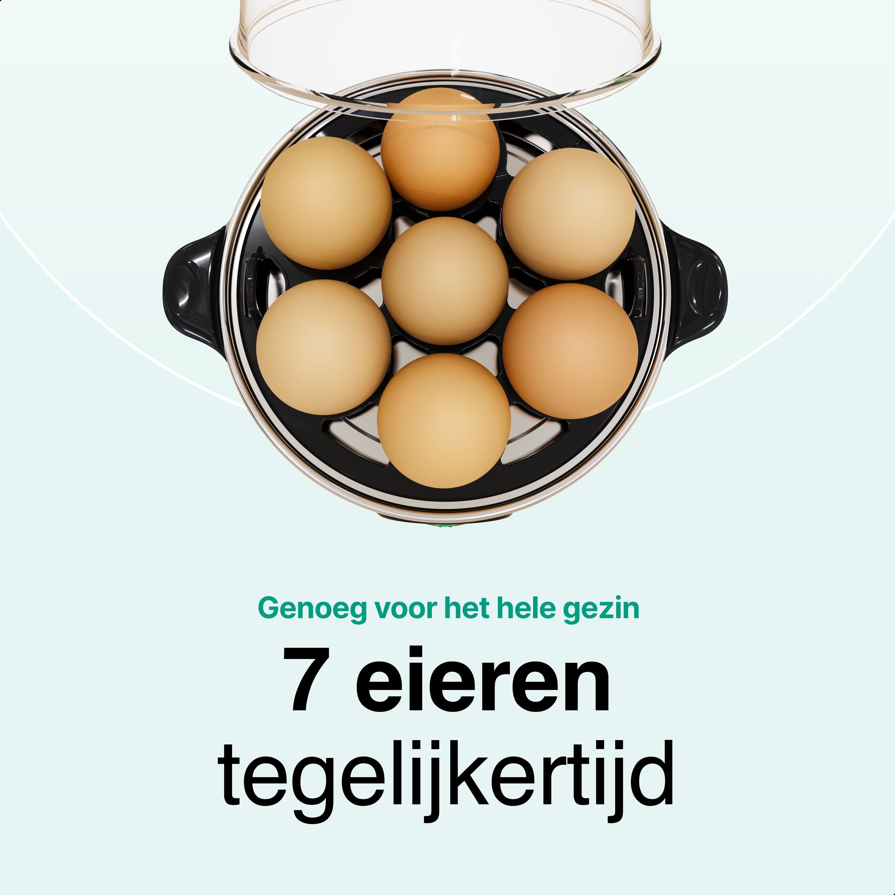 An egg cooker with 7 eggs inside. It has a transparent lid. Text says, '7 eggs at once'.