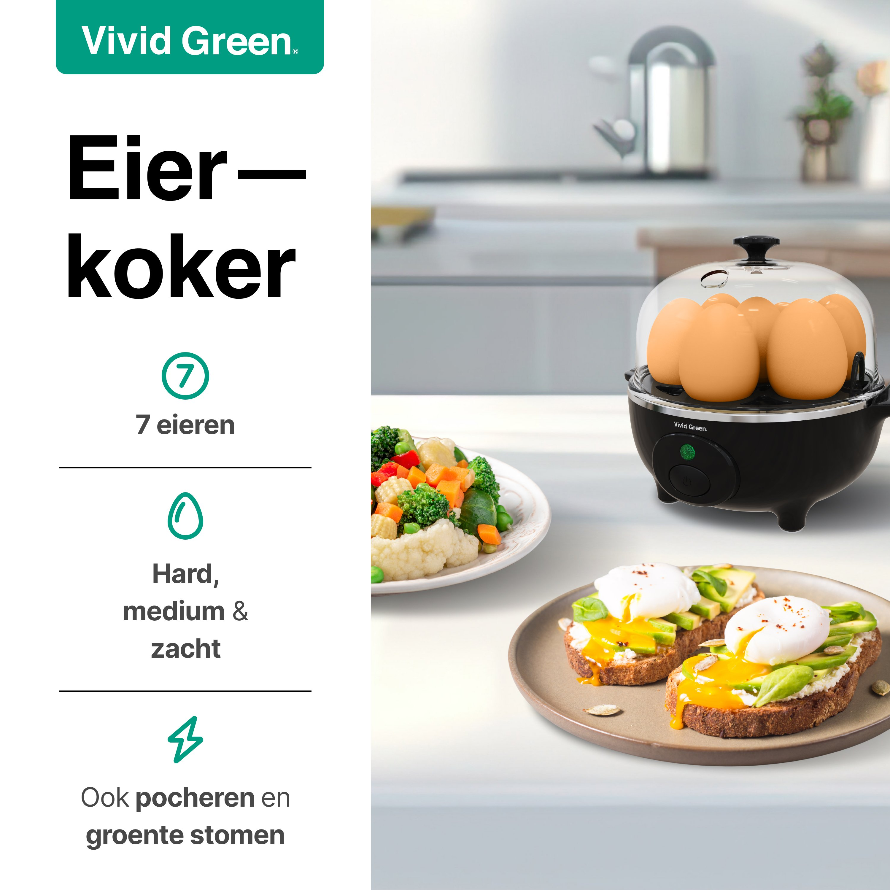 An egg cooker with eggs inside, toast with poached eggs, and vegetables on a plate are on a table.