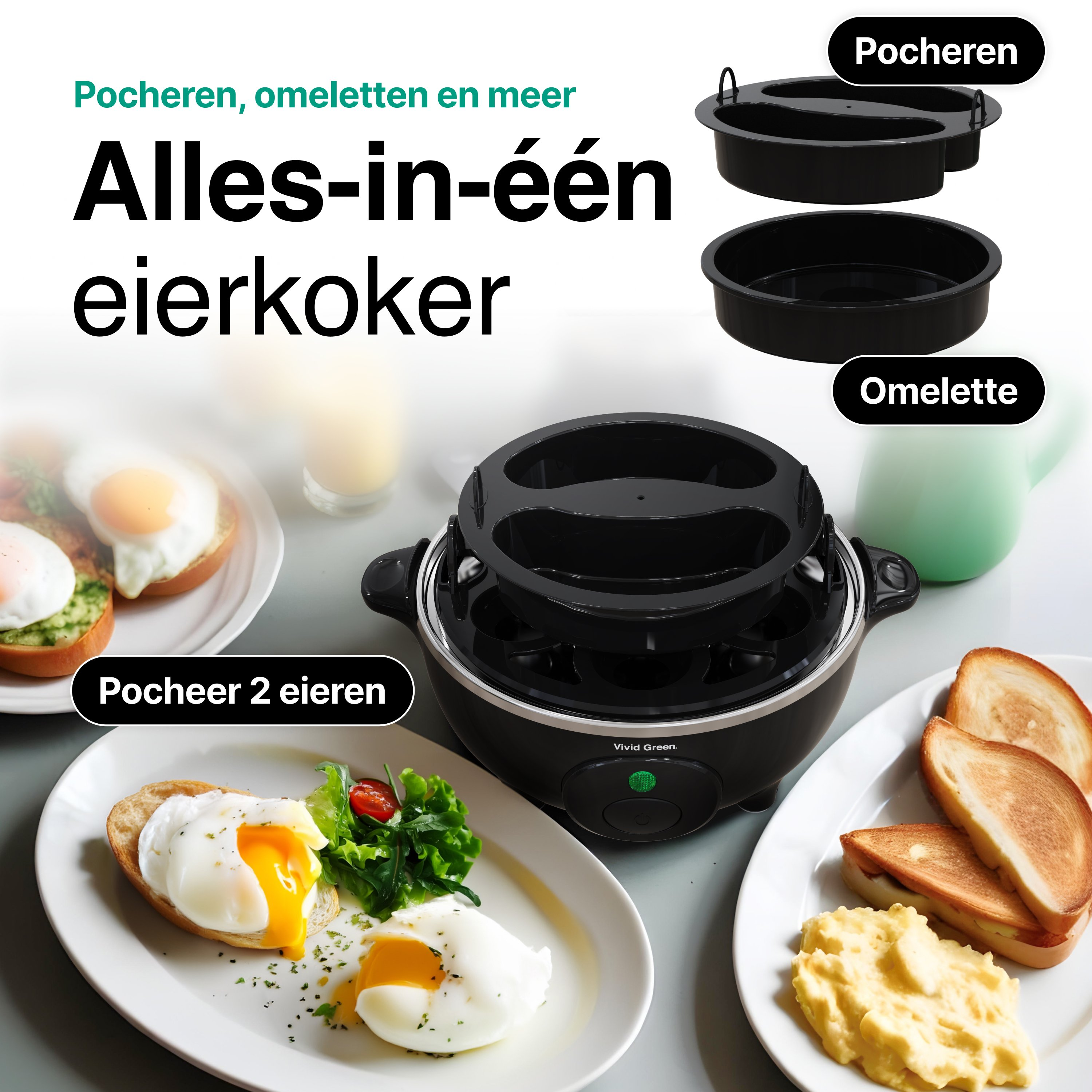 An egg cooker with poached eggs, omelets, and toast. Text says 'Poach 2 eggs', 'Omelette', and 'Alles-in-één eierkoker'.