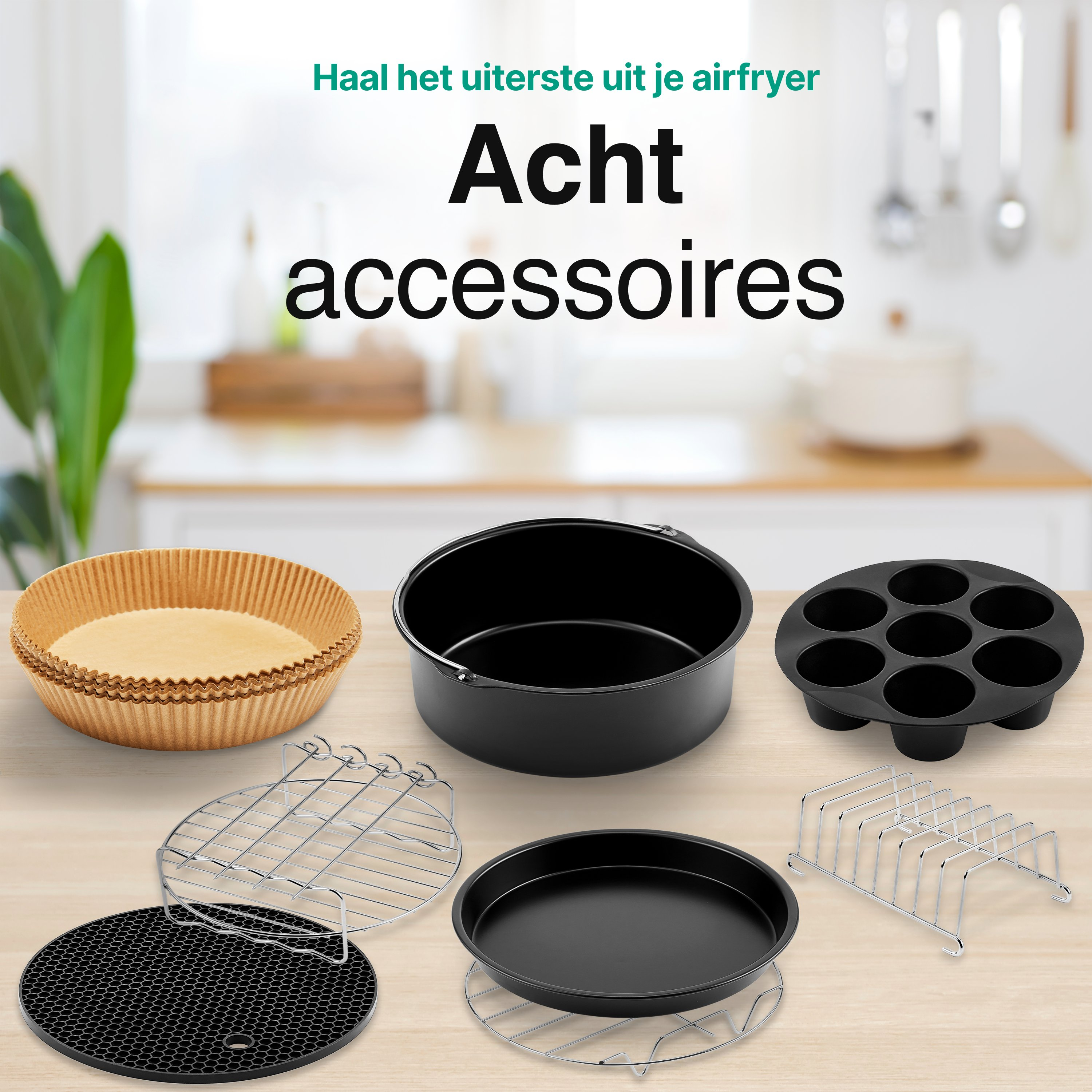 Image shows air fryer accessories: baking cups, black pans, racks, and a silicone mat. Kitchen background.