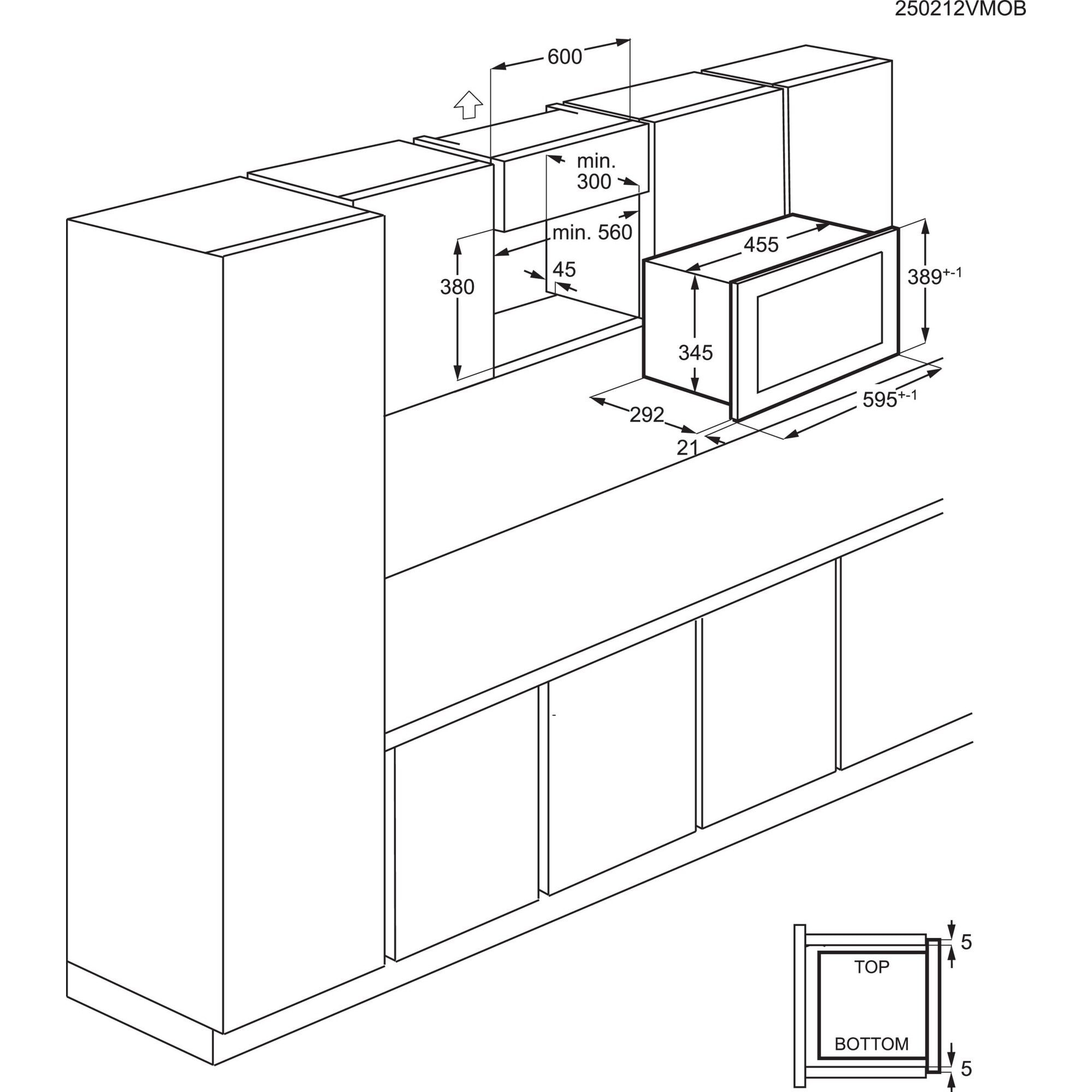 Schemat wbudowanej kuchenki mikrofalowej, z wymiarami i pomiarami w milimetrach, pokazujący parametry instalacji.