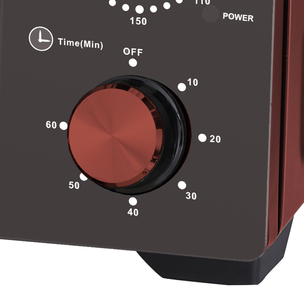 Un primo piano di un timer per elettrodomestici. Ha un quadrante rosso, indicatori di tempo e l'etichetta 'Time(Min)'. Lo sfondo è scuro.