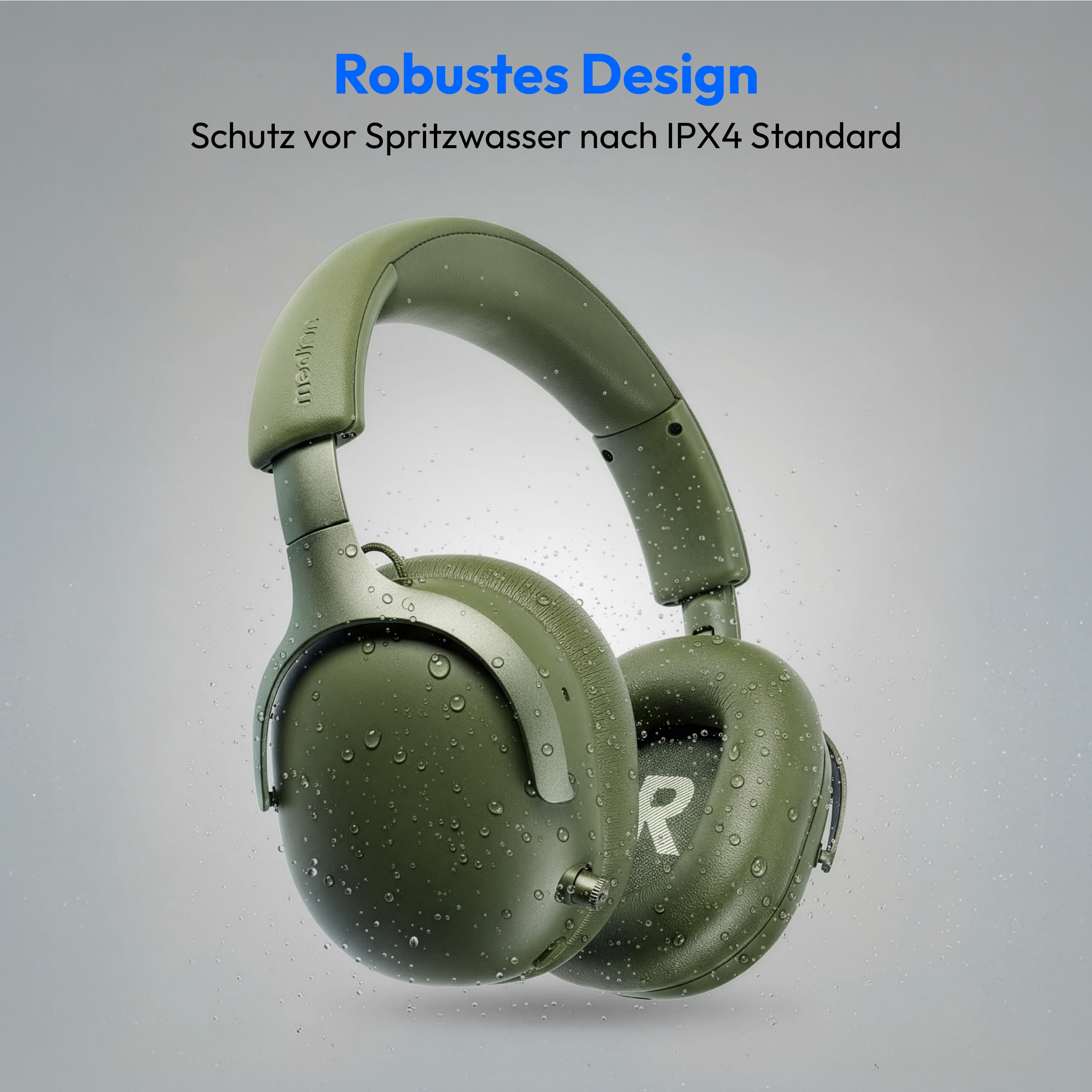Green headphones with water droplets. Text says 'Robustes Design'. Background is light gray.