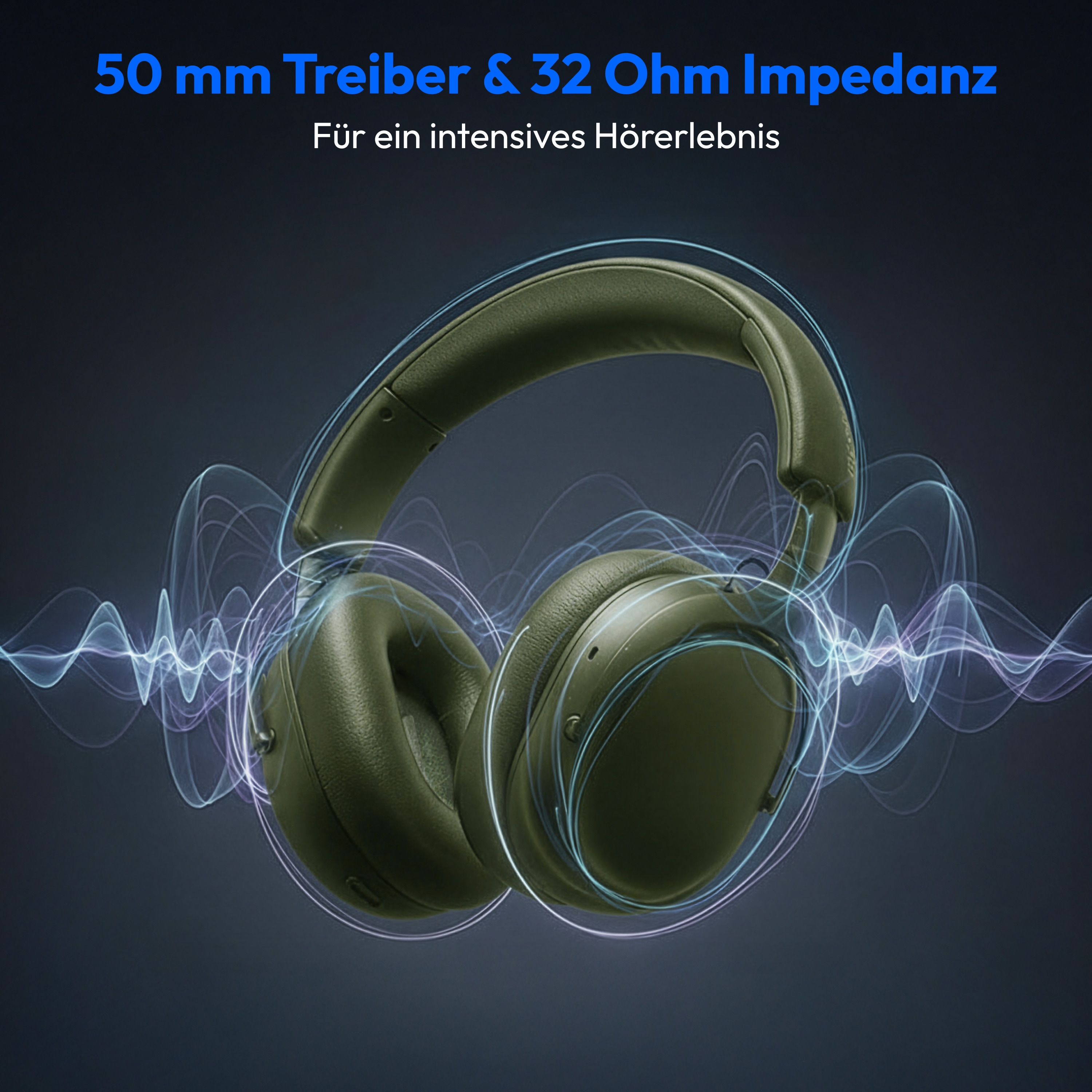 Green headphones with blue sound waves on a dark background. Text reads: 50 mm Treiber & 32 Ohm Impedanz.