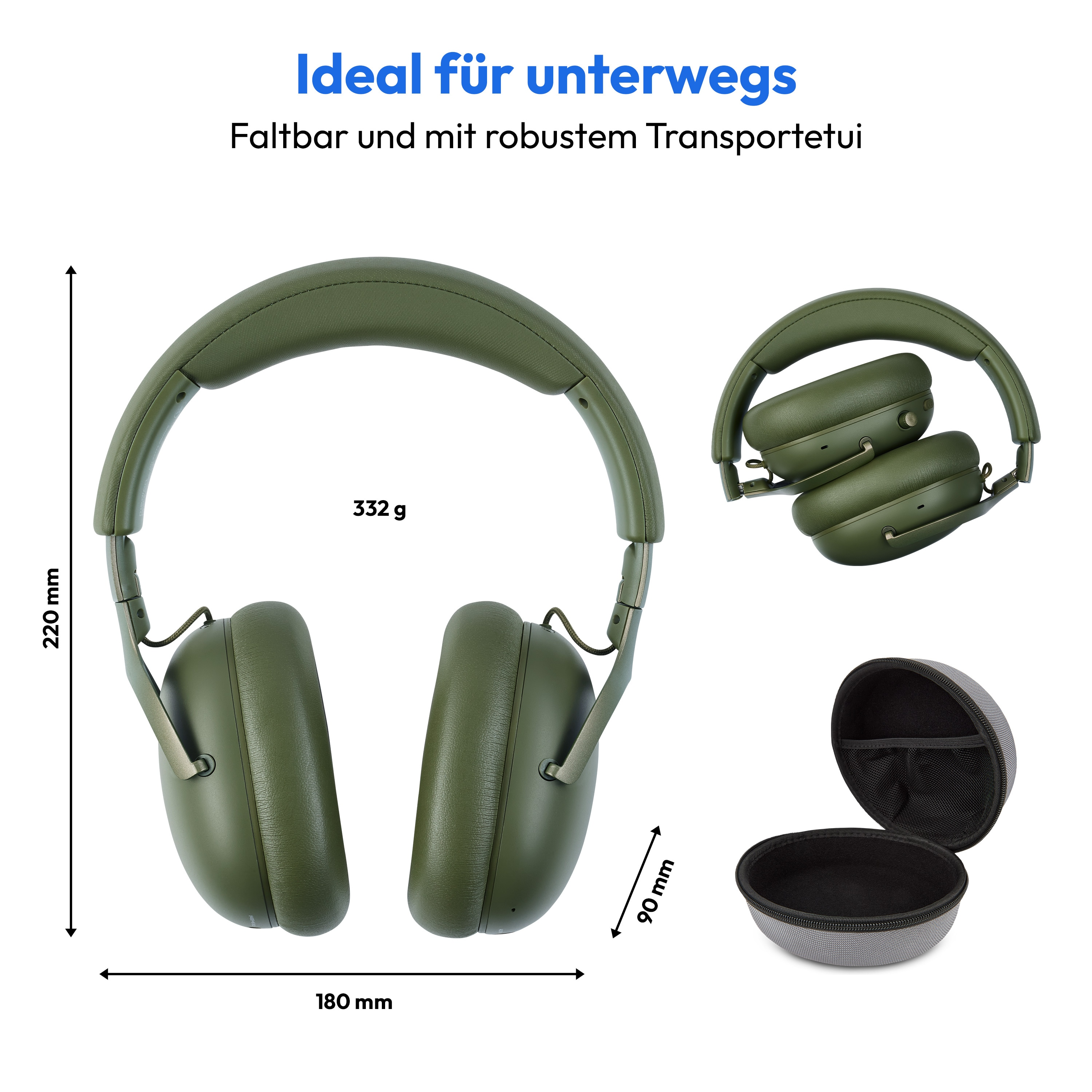 Green headphones, folded and unfolded, with a case. Dimensions and weight are shown.