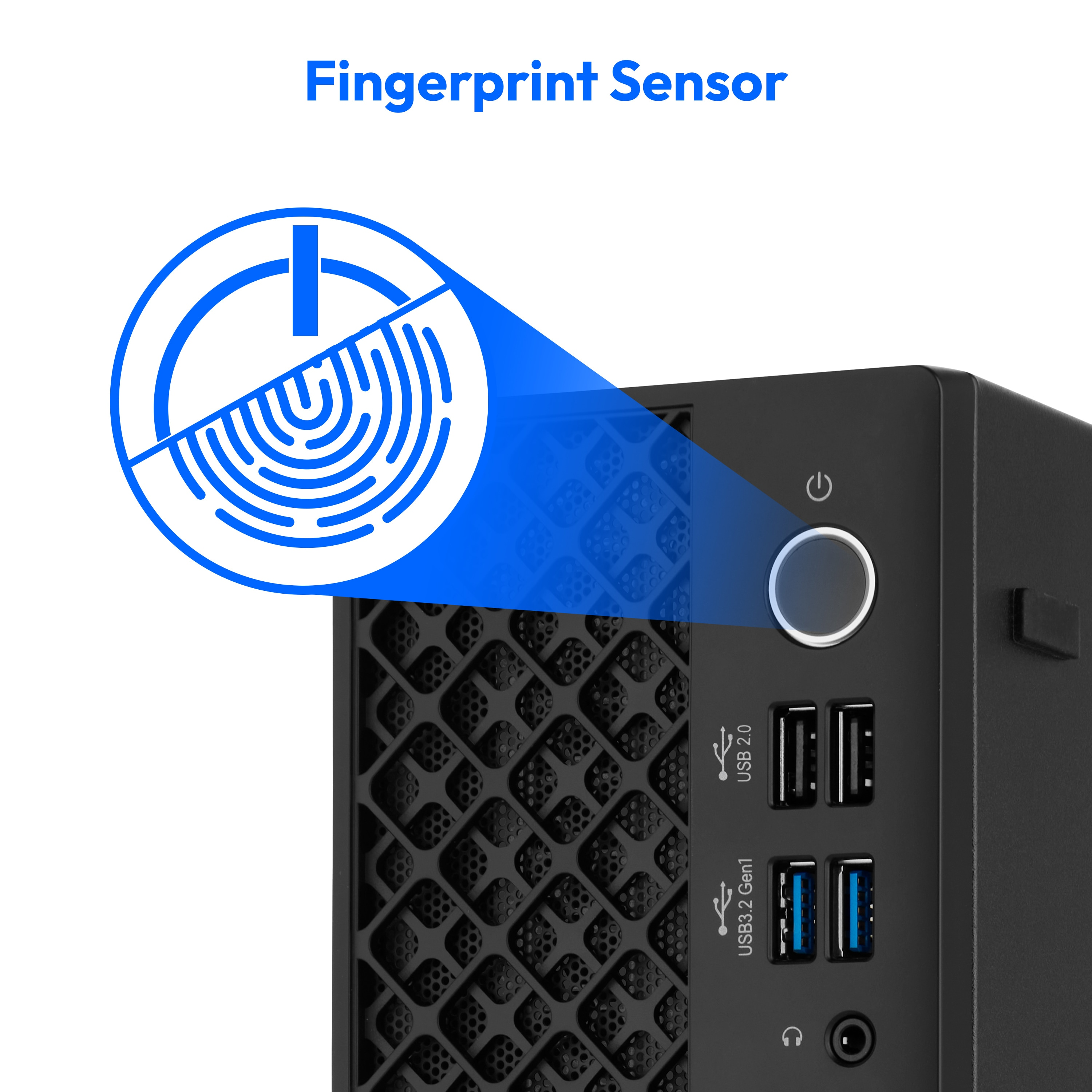 Ein Computerturm mit einem Fingerabdrucksensor-Symbol. Anschlüsse für USB und Audio sind sichtbar.