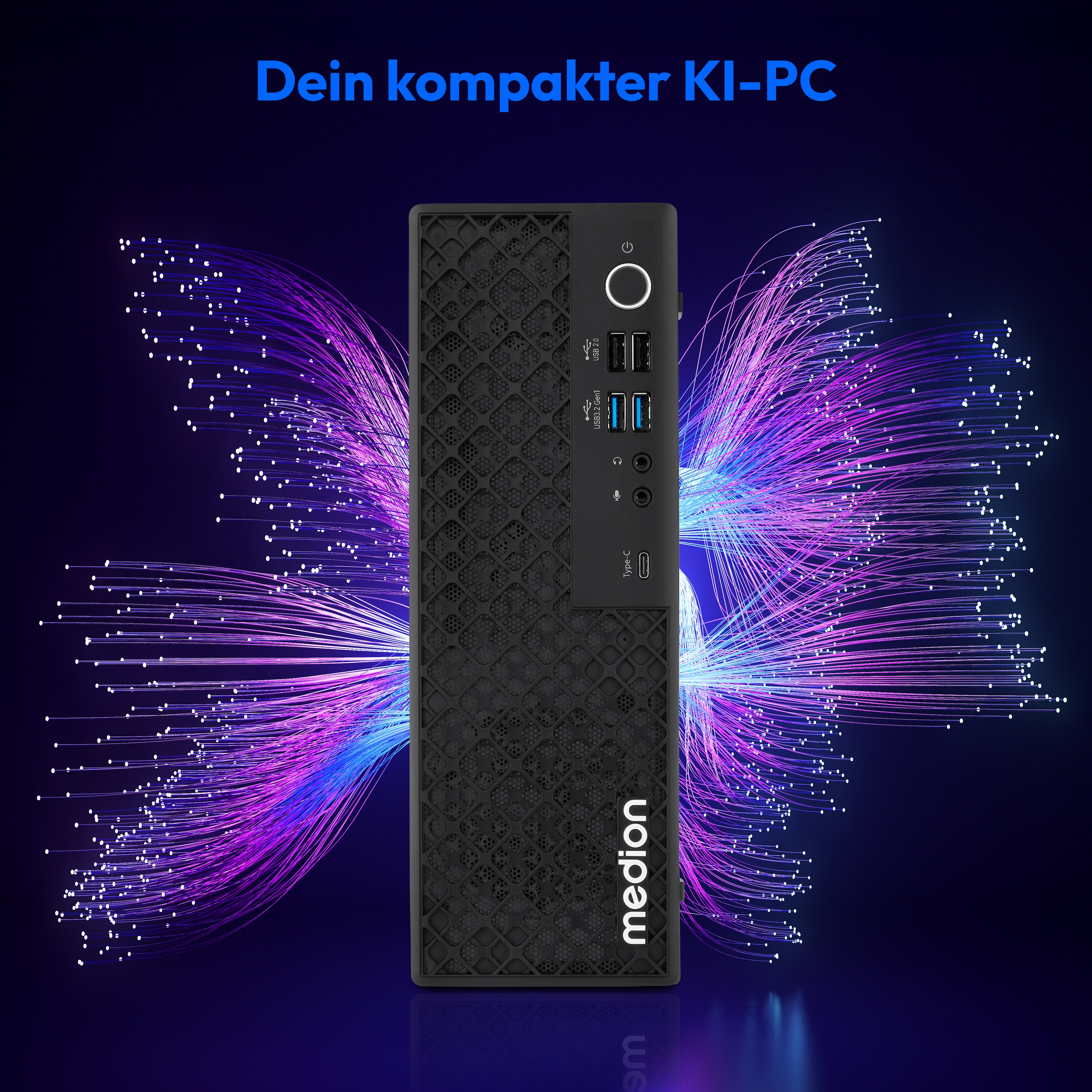 Ein schwarzer Computerturm mit Anschlüssen, der Text 'Dein kompakter KI-PC' und leuchtende lila Linien.