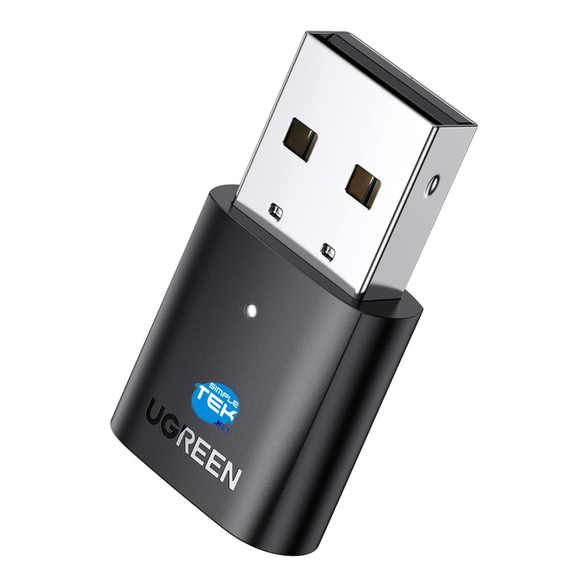 Un adaptador USB UGREEN negro con conector USB plateado. Tiene un logotipo azul y una luz blanca.