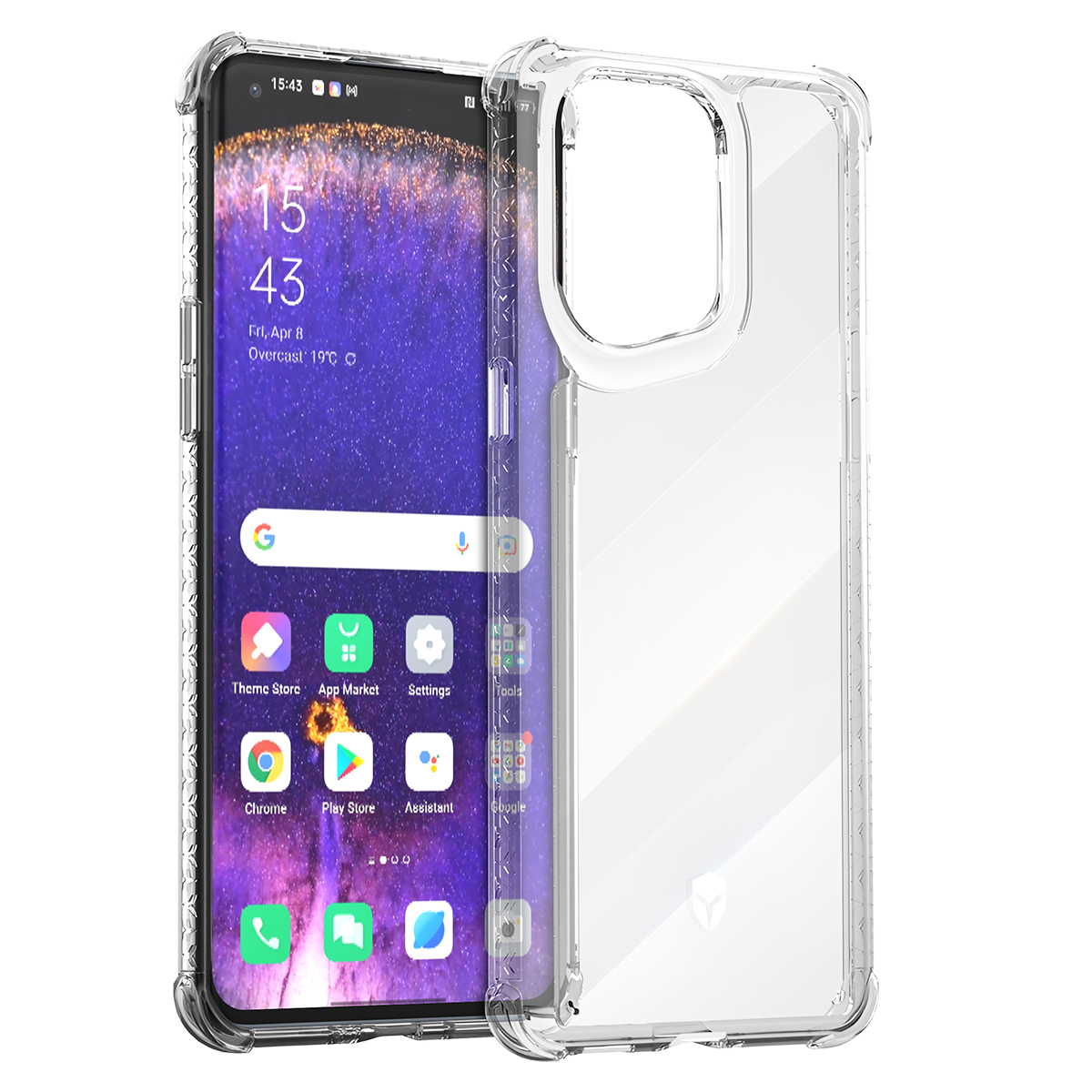 Uno smartphone con una custodia protettiva trasparente. Lo schermo mostra l'ora, la data e le icone delle app. La custodia è trasparente.