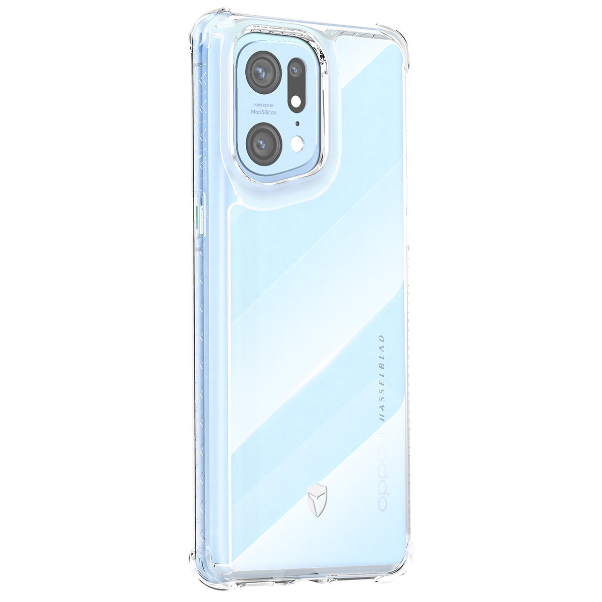 Una custodia trasparente protegge uno smartphone. Il telefono ha un rigonfiamento della fotocamera ed è visibile il logo Oppo. La custodia ha una tinta blu.