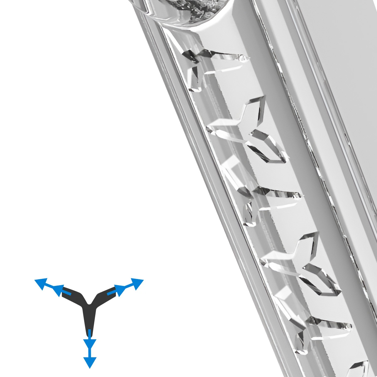 Een helder, metalen object met stervormige uitsparingen. Een zwart-blauw pijldiagram staat linksonder op een witte achtergrond.