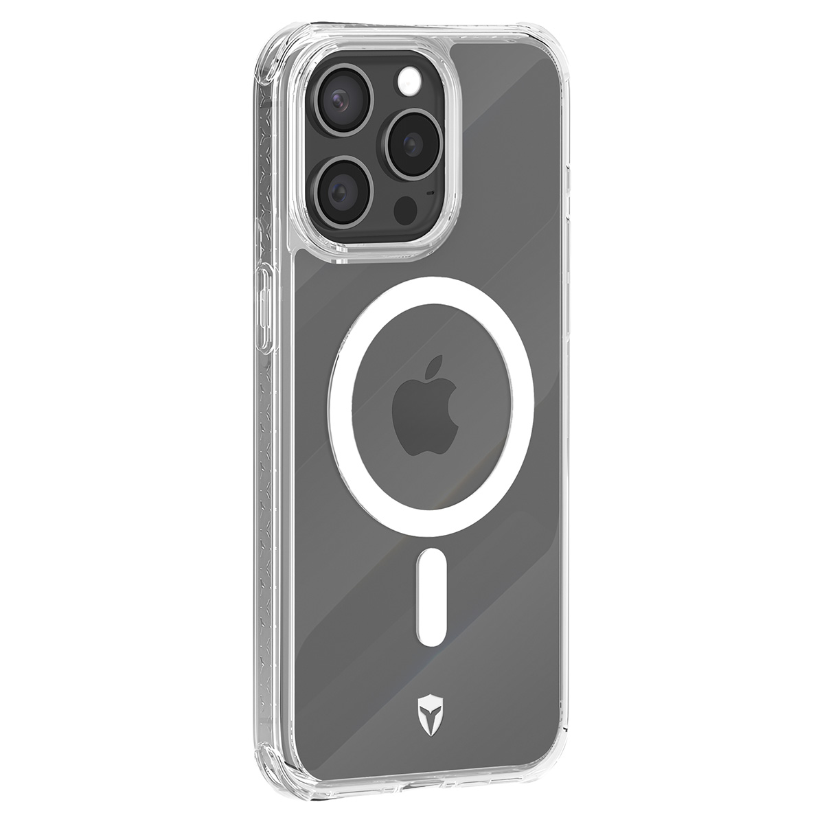 Transparante iPhone-hoes met zwart Apple-logo en witte MagSafe-ring, met meerdere cameralenzen.