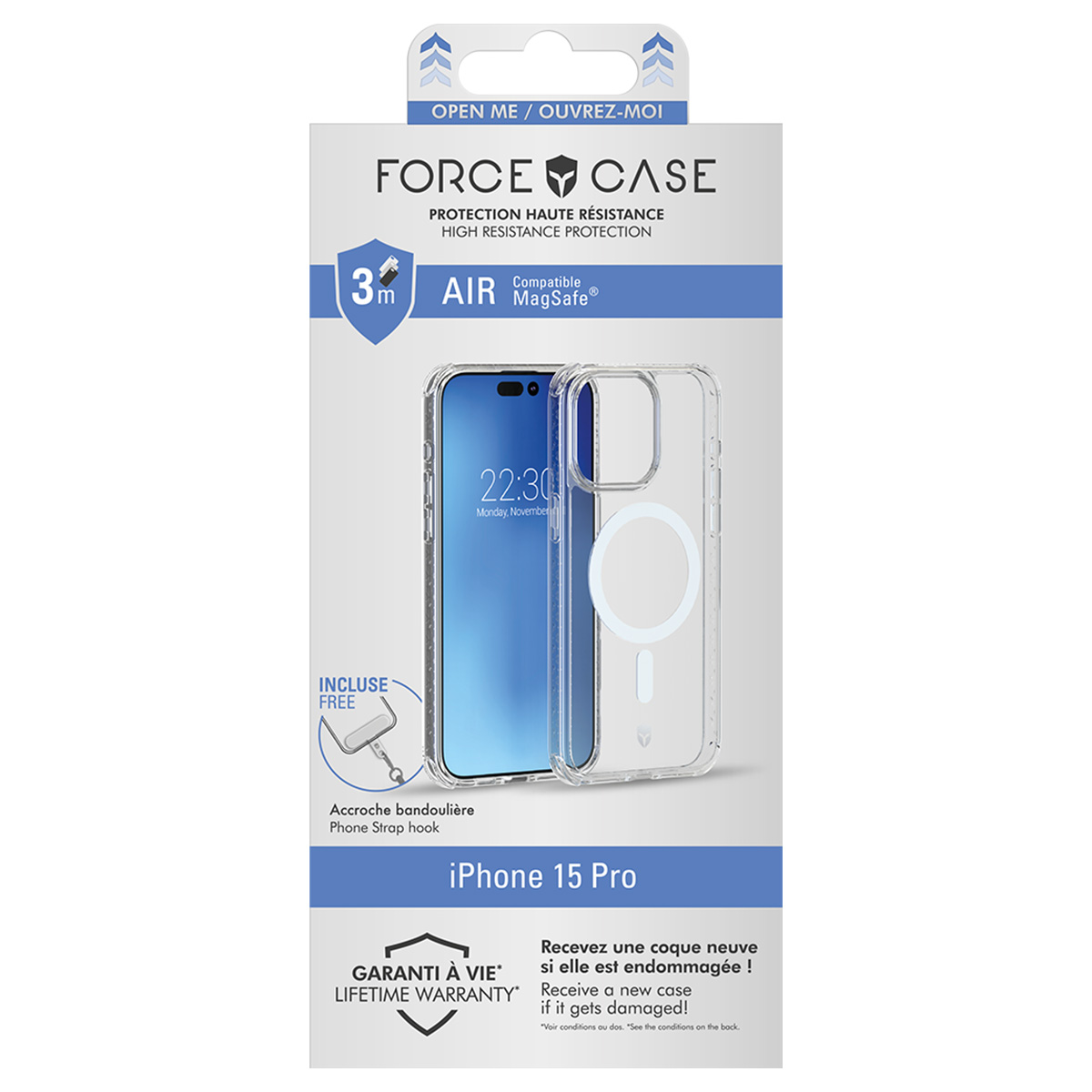 Een telefoonhoesverpakking. Het toont een doorzichtige iPhone-hoes met een telefoon erin. Tekst bevat "FORCE CASE" en "iPhone 15 Pro".