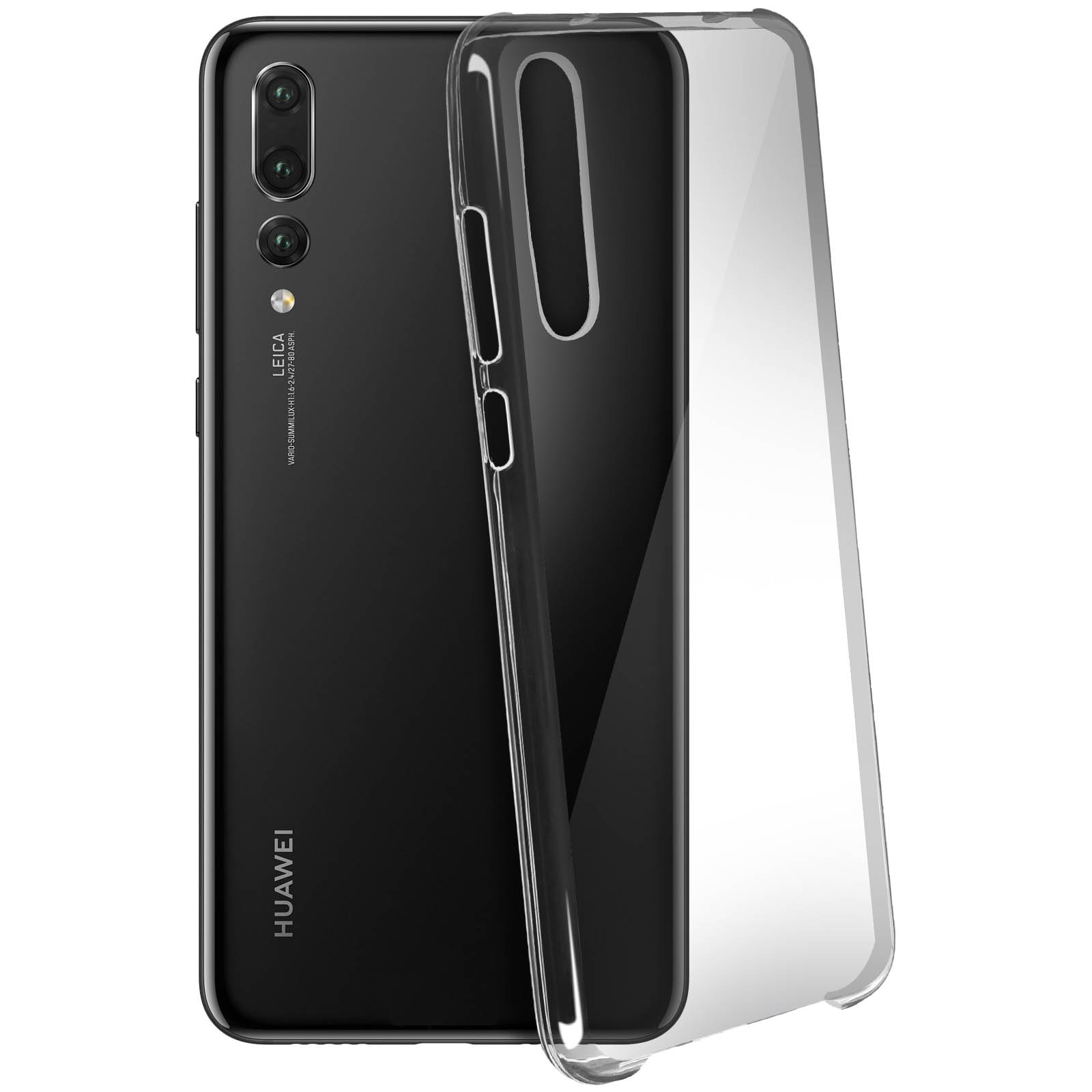 Telefono Huawei nero con custodia protettiva trasparente. Obiettivi della fotocamera Leica visibili. Telefono su sfondo bianco.