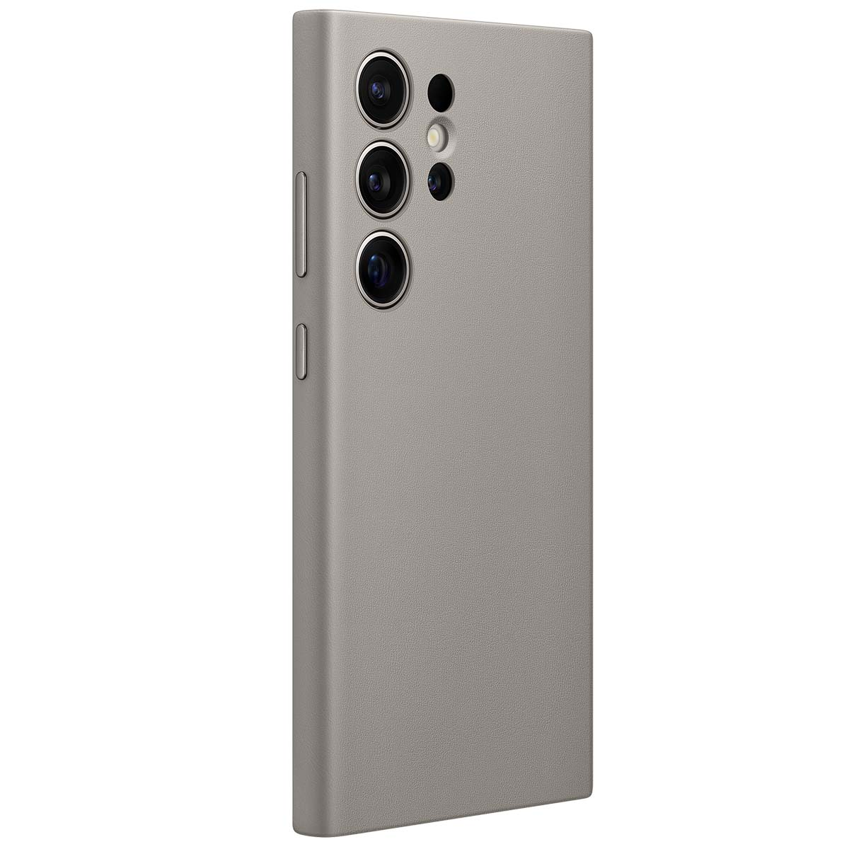 Een grijze smartphone met drie cameralenzen en een flitser. De telefoon heeft een gladde, getextureerde achterkant. Knoppen zijn zichtbaar aan de zijkant.