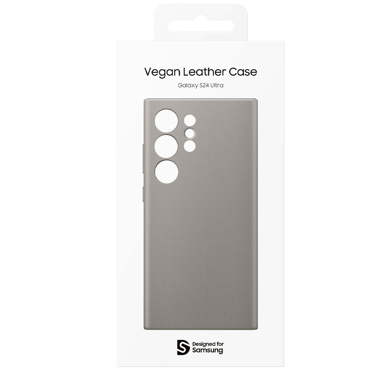 Een grijze vegan leren hoes voor Samsung Galaxy S24 Ultra. De hoes heeft uitsparingen voor de camera en het Samsung logo.
