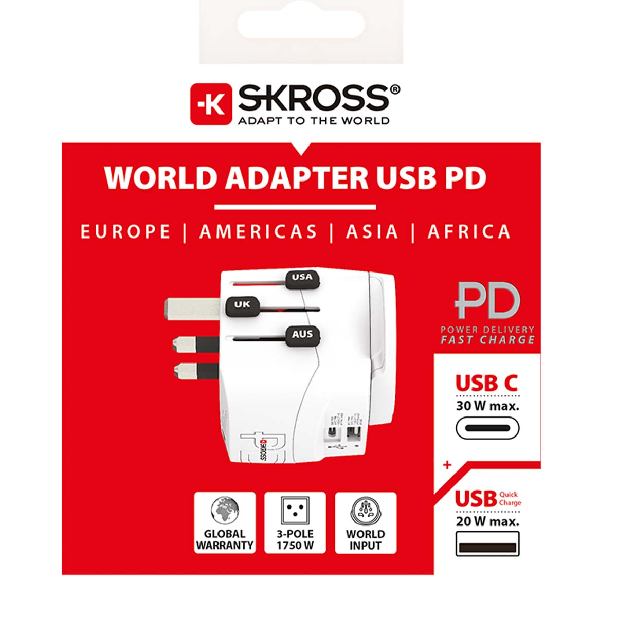 Adattatore universale bianco con porte USB e la scritta 'WORLD ADAPTER USB PD' su sfondo rosso.
