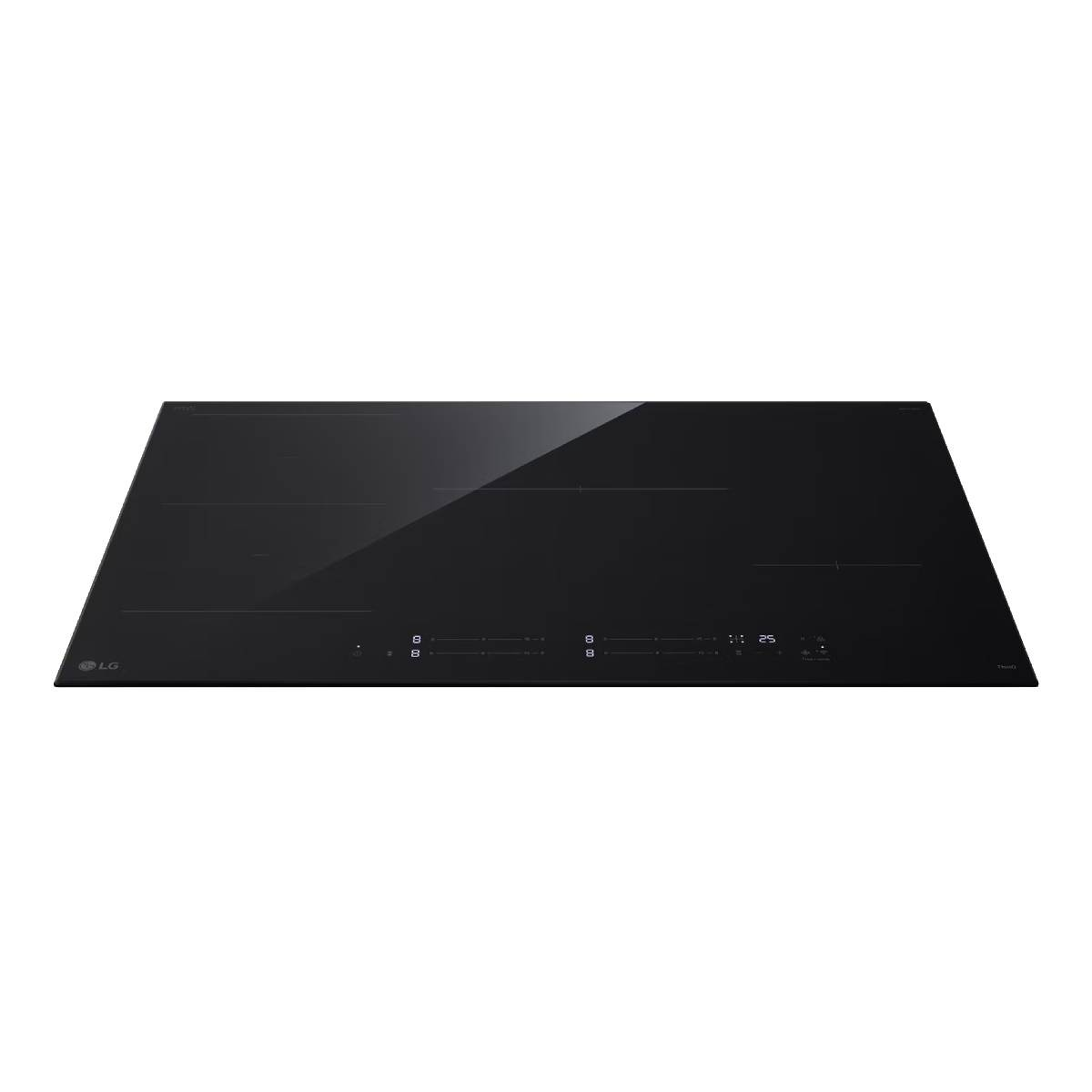 Un piano cottura a induzione LG nero. Ha una superficie lucida con comandi touch e un display digitale. Lo sfondo è bianco.