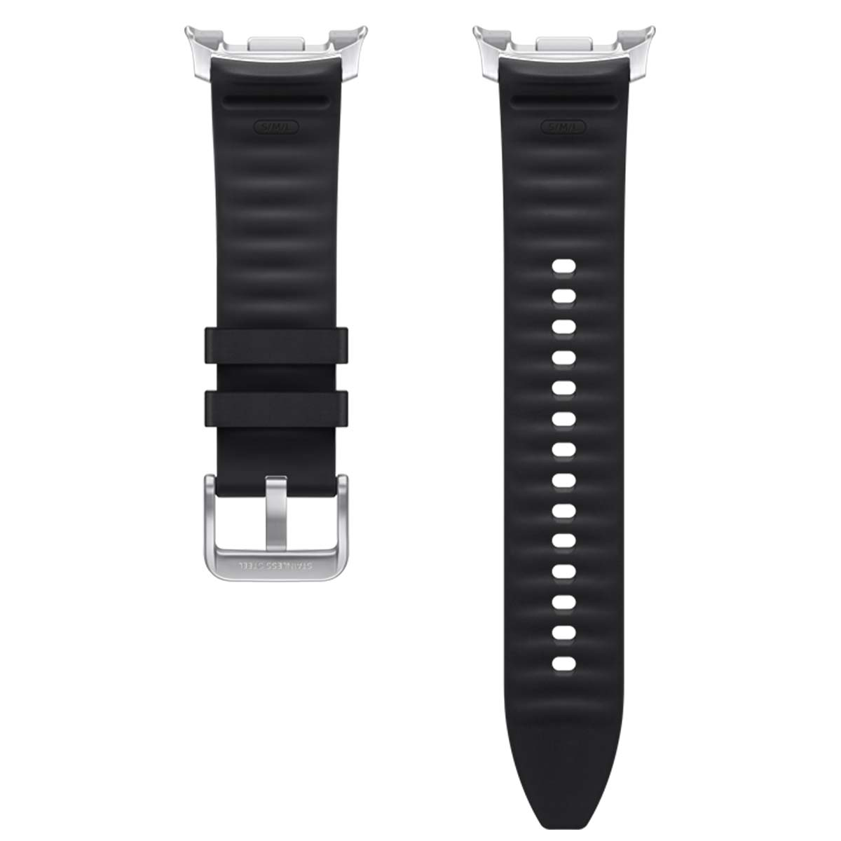 Dos correas de reloj negras con cierres plateados. Una correa tiene hebilla, la otra agujeros.