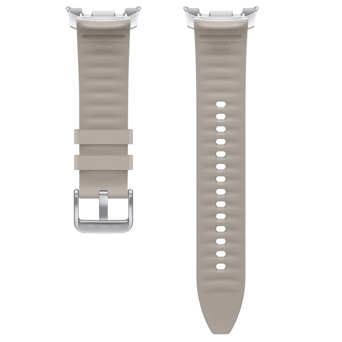Due cinturini. Il cinturino sinistro ha una fibbia, quello destro fori per la regolazione. Entrambi sono beige.