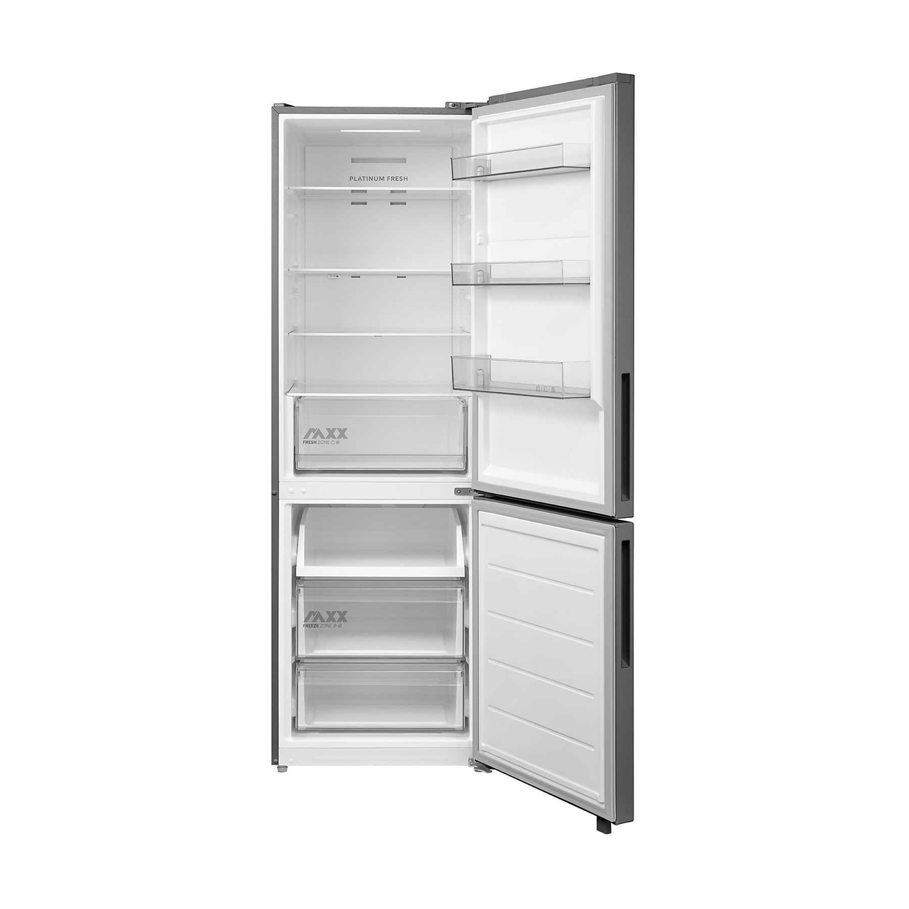 Un frigorifero moderno con ante aperte. Sono visibili ripiani e cassetti interni, etichettati 'Fresh Zone' e 'Freeze Zone'.