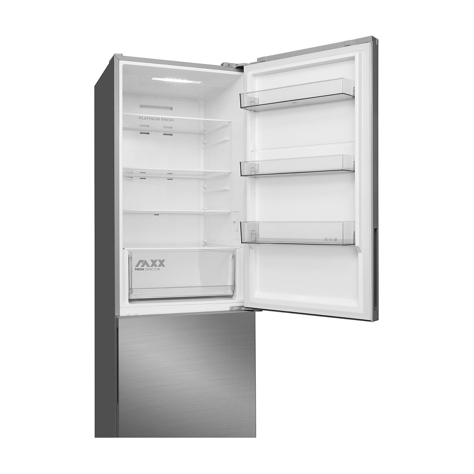 Un frigorifero moderno con la porta aperta. All'interno ci sono ripiani e cassetti. L'esterno è argentato.