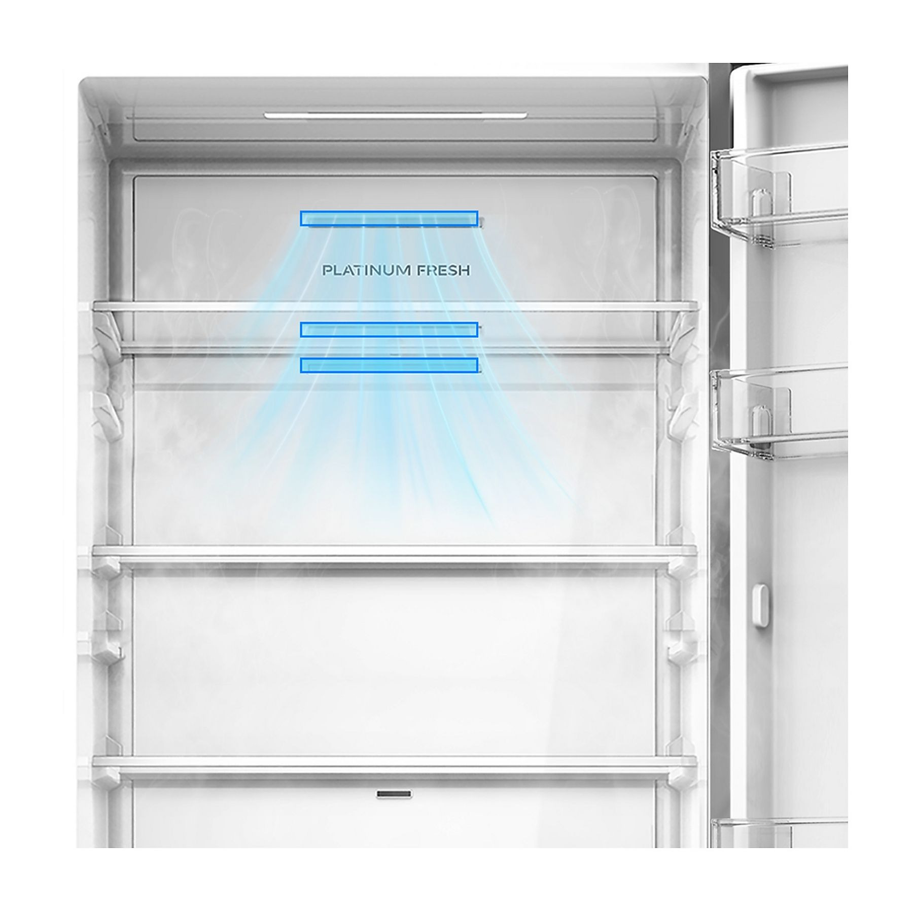 Interno di frigorifero bianco aperto. Linee blu e 'PLATINUM FRESH' visibili.