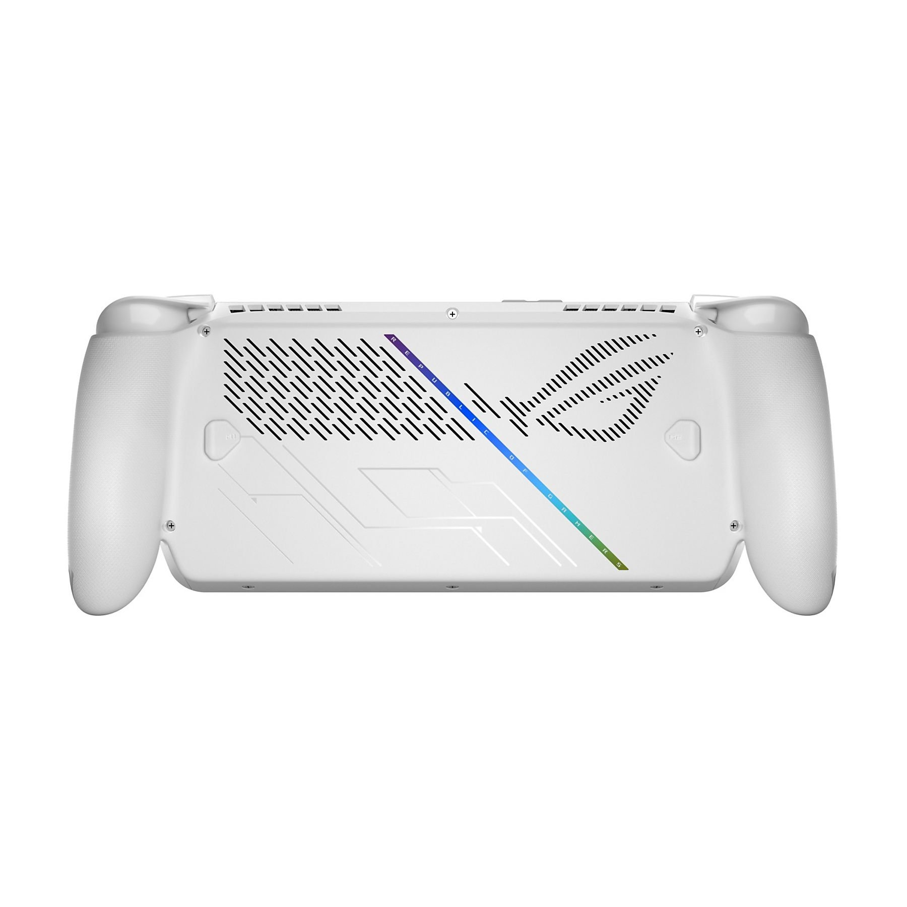 Weißes Handheld-Gaming-Gerät. Merkmale sind Knöpfe, Griffe und ein Design mit beleuchteten Akzenten.