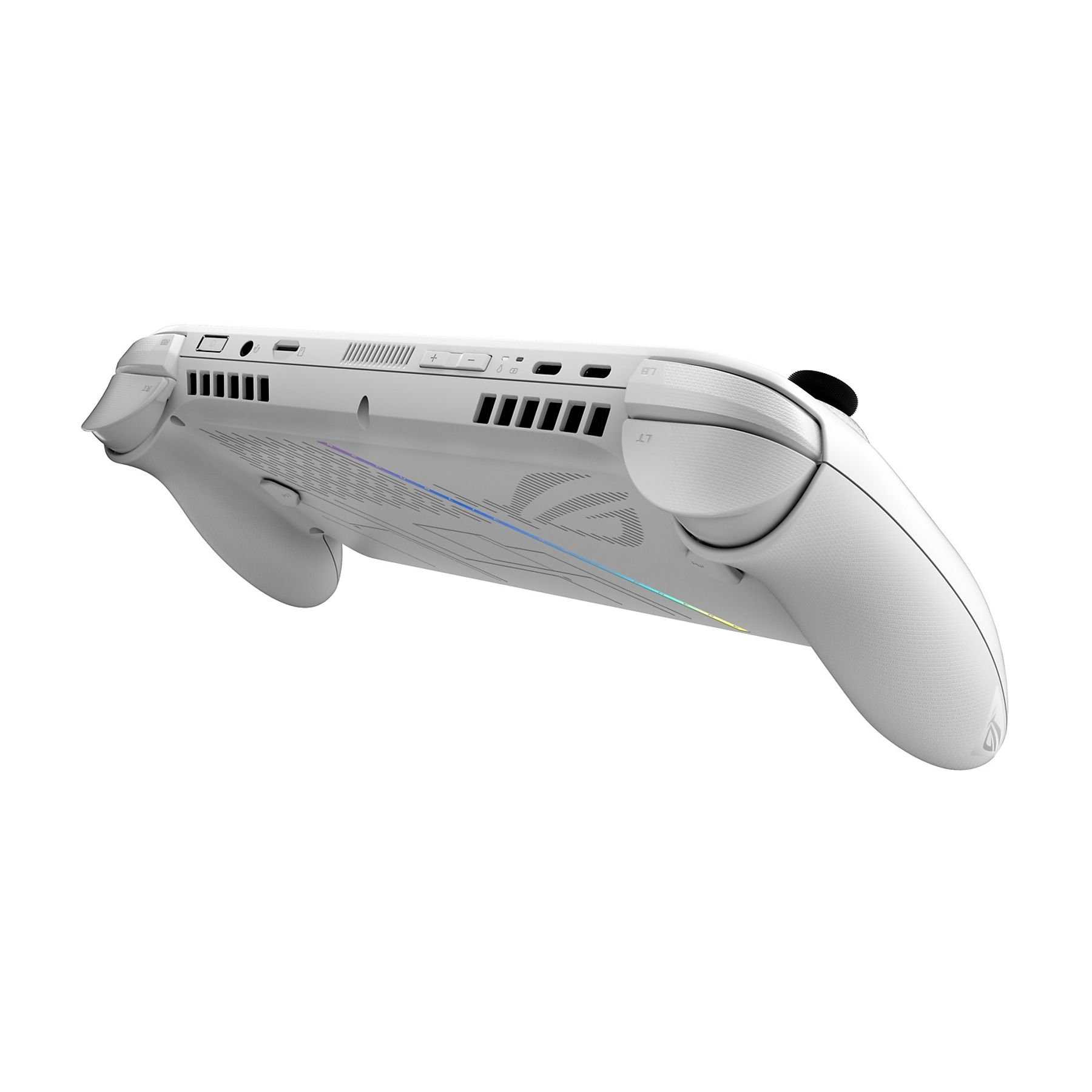 Weiße Handheld-Spielkonsole, schräge Ansicht. Mit Knöpfen, Lüftungsschlitzen und einem schwarzen Joystick. Das Logo ist sichtbar.