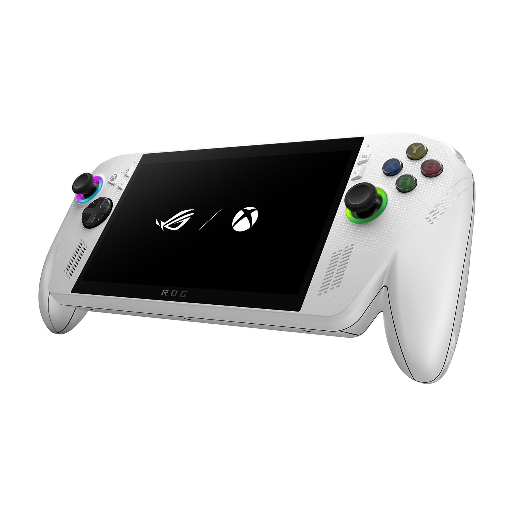 Weißes Handheld-Spielgerät mit schwarzem Bildschirm mit Logos. Es hat Knöpfe, Joysticks und ein schlankes Design.
