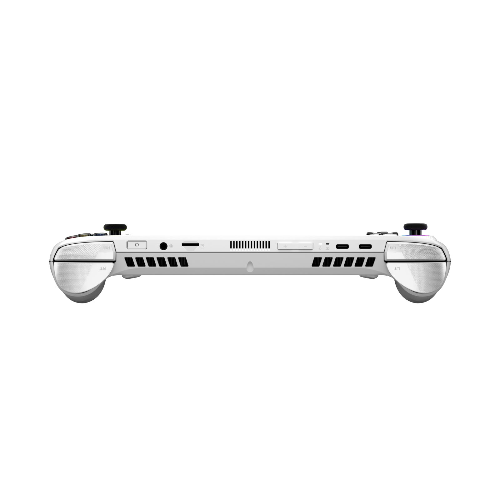 Ein weißes Handheld-Spielgerät, von oben gesehen. Es hat Knöpfe, Joysticks und einen Bildschirm.