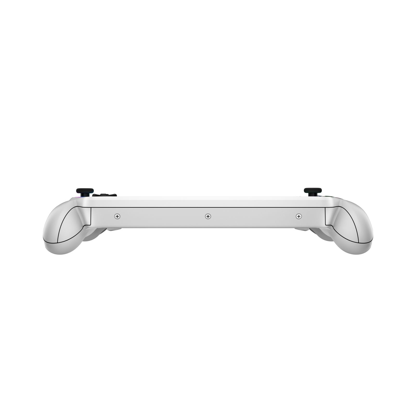Eine weiße Handheld-Konsole, Seitenansicht. Hat schwarze Knöpfe oben und gebogene Griffe an jedem Ende. Schrauben sichtbar.