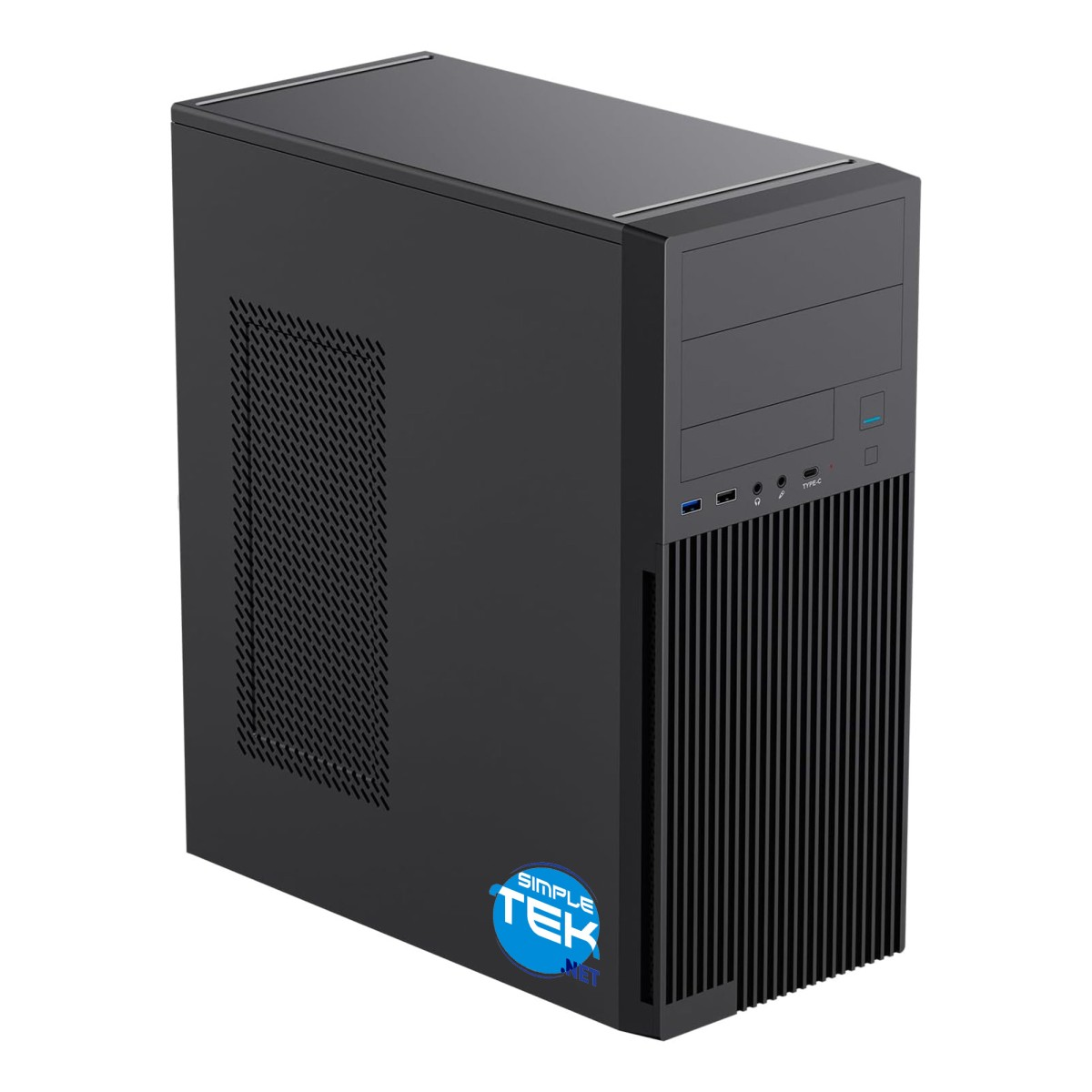 Ein schwarzer Computerturm mit Simple Tek Logo. Er hat Lüftungsschlitze, Anschlüsse und einen Einschaltknopf. Der Hintergrund ist weiß.