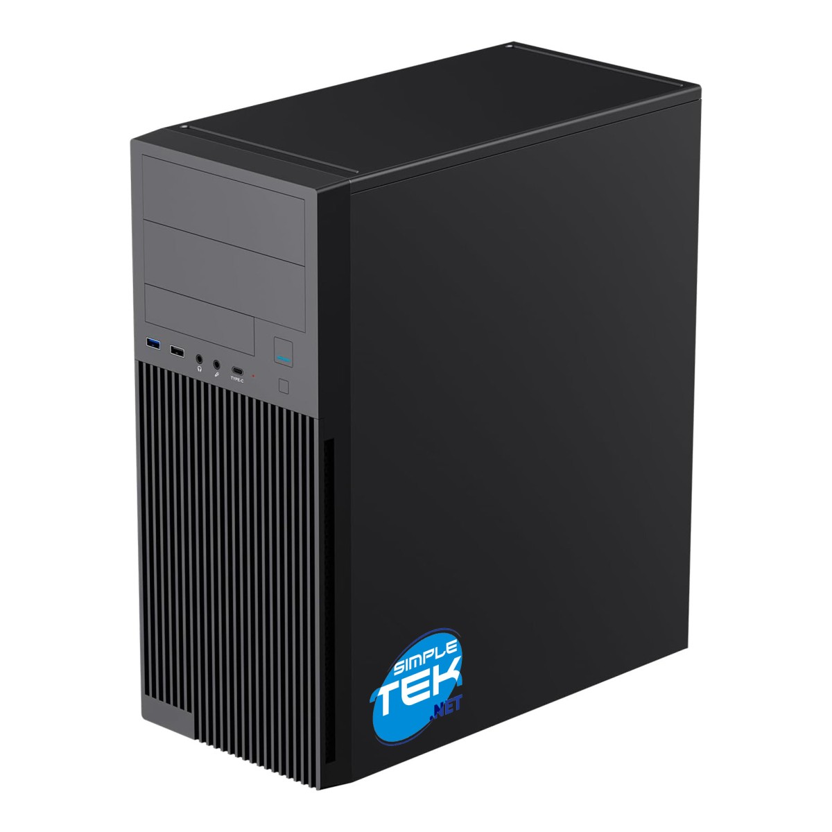 Ein schwarzer Computerturm. Die Vorderseite hat einen vertikalen Grill, Anschlüsse und das Simple Tek-Logo. Der Turm steht auf weißem Hintergrund.