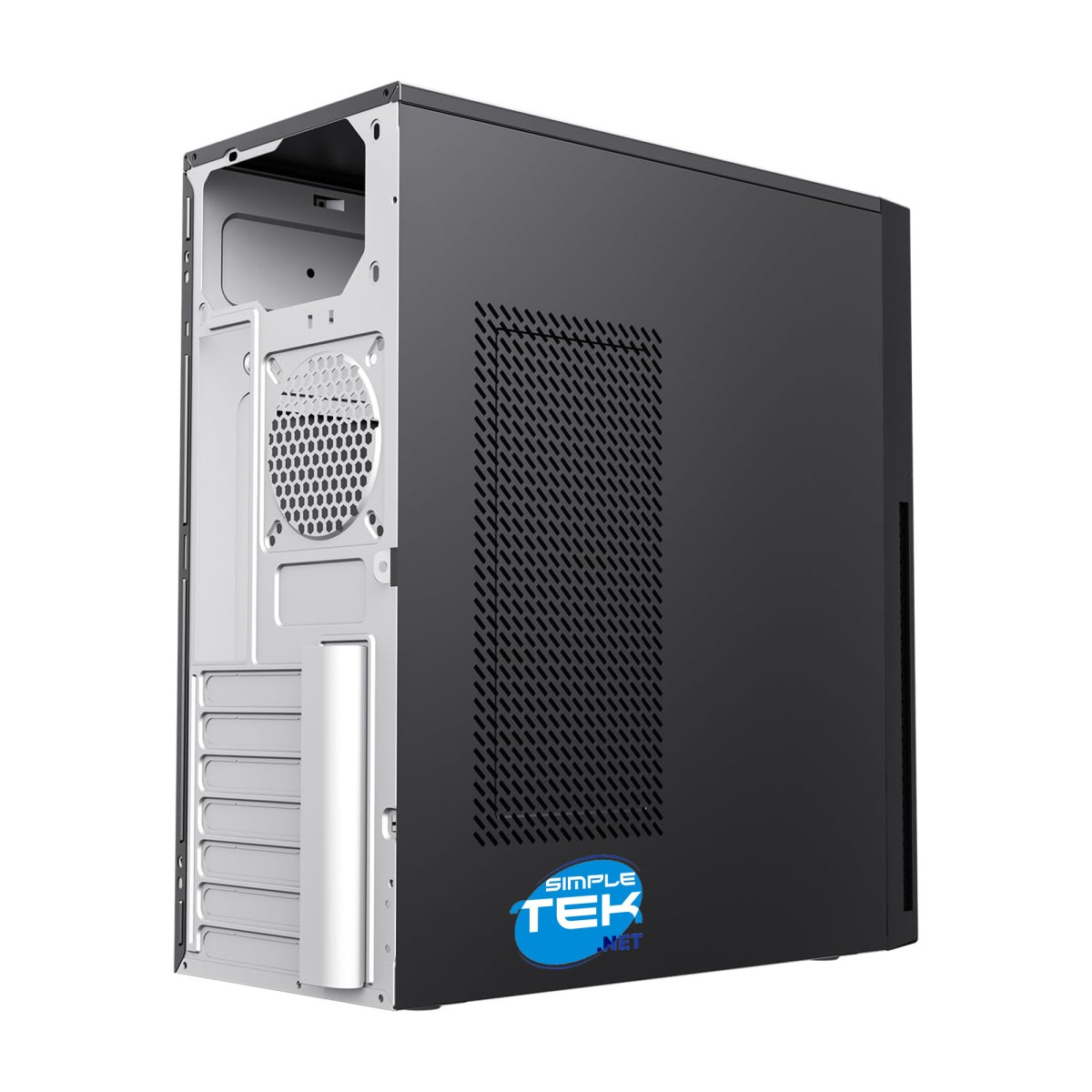 Ein schwarzes Computergehäuse mit offener Seite, das interne Komponenten zeigt. Das Gehäuse hat ein Simple Tek Logo.