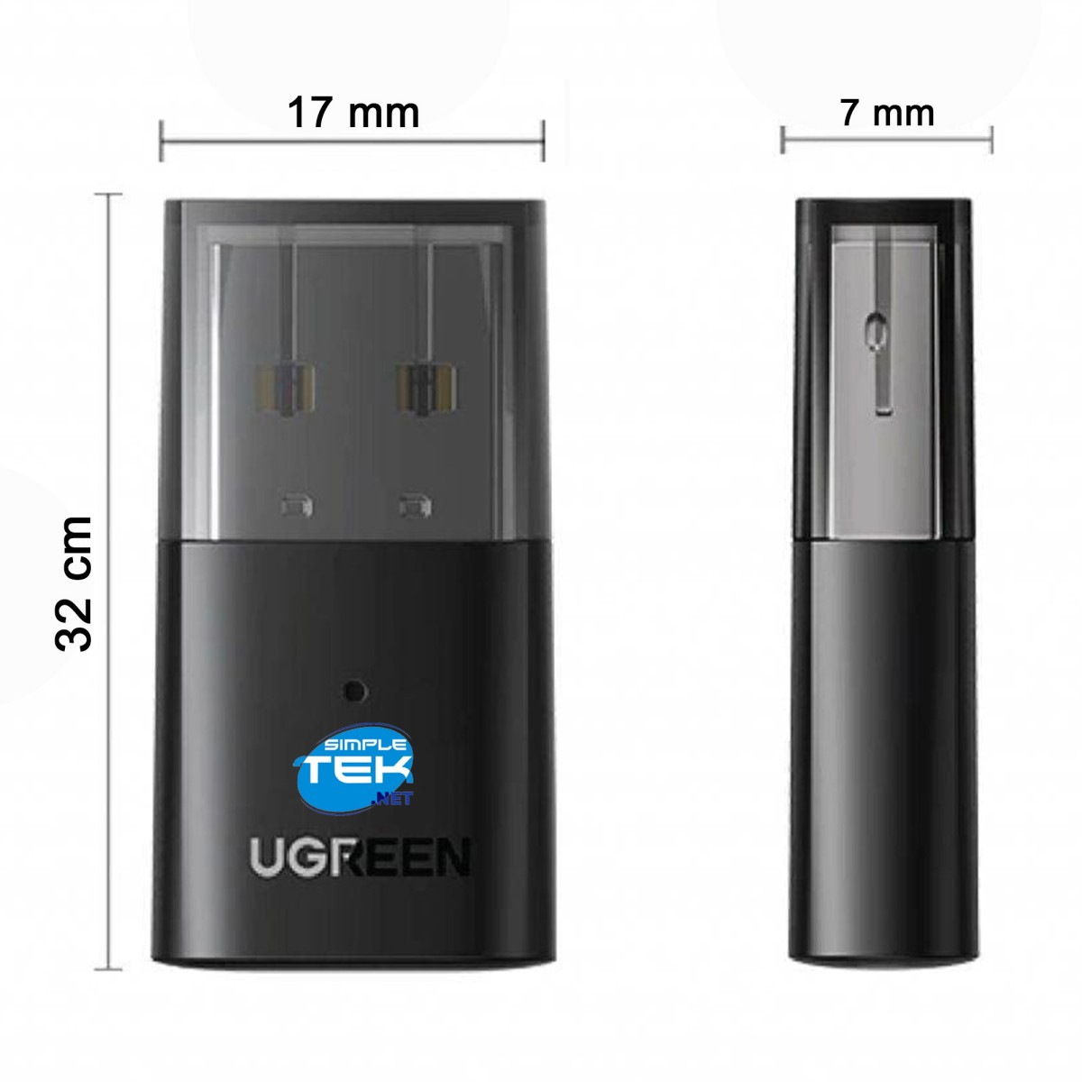 La imagen muestra dos dispositivos negros UGREEN. Uno es rectangular, de 32 cm de alto, con un logotipo de Simple Tek. El otro es un dispositivo delgado de 7 mm.