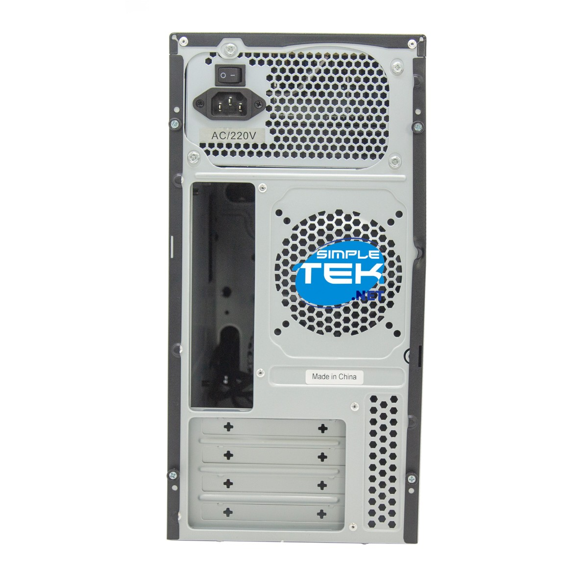 Vista posteriore di un case per computer. Presenta una porta di alimentazione, una ventola e varie fessure.