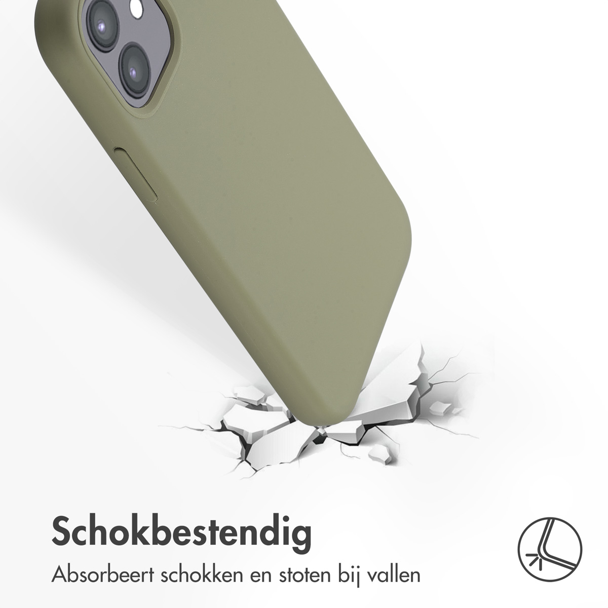 Een groene telefoonhoes valt op een wit oppervlak en breekt het. De hoes is olijfgroen. Tekst eronder: 'Schokbestendig'.