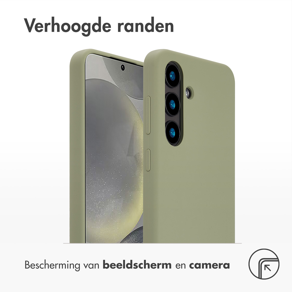 Twee olijfgroene telefoonhoesjes, één met een zichtbaar scherm. Tekst luidt 'Verhoogde randen' en 'Scherm- en camerabescherming'.