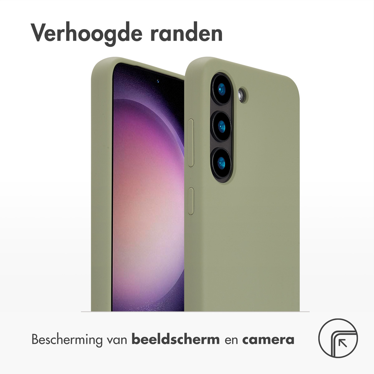 Twee olijfgroene telefoonhoesjes, één met de telefoon erin, op een witte achtergrond. Tekst: 'Verhoogde randen' en 'Bescherming van beeldscherm en camera'.