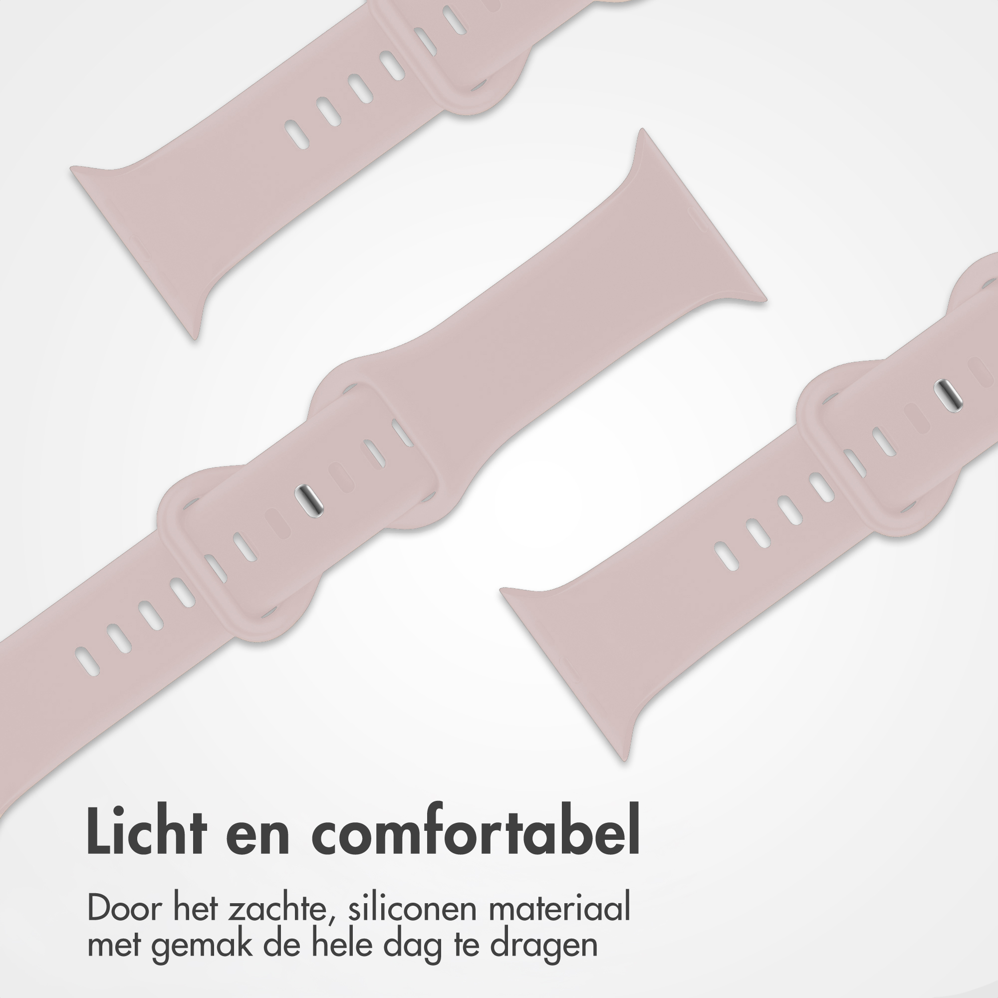 Lichtroze horlogebandjes op een witte achtergrond. Nederlandse tekst onderaan beschrijft comfort en siliconen materiaal.