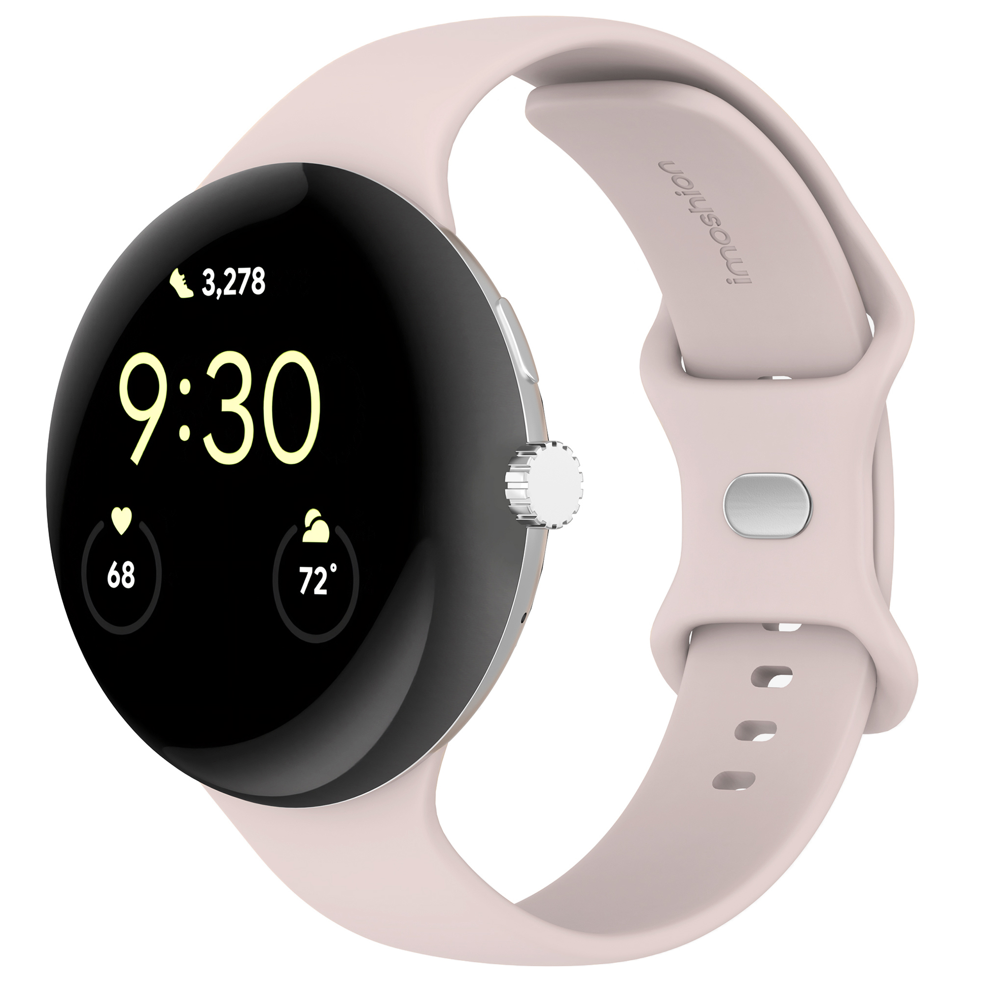 Een ronde smartwatch met roze bandje. Het scherm toont tijd, stappen, hartslag en weer.