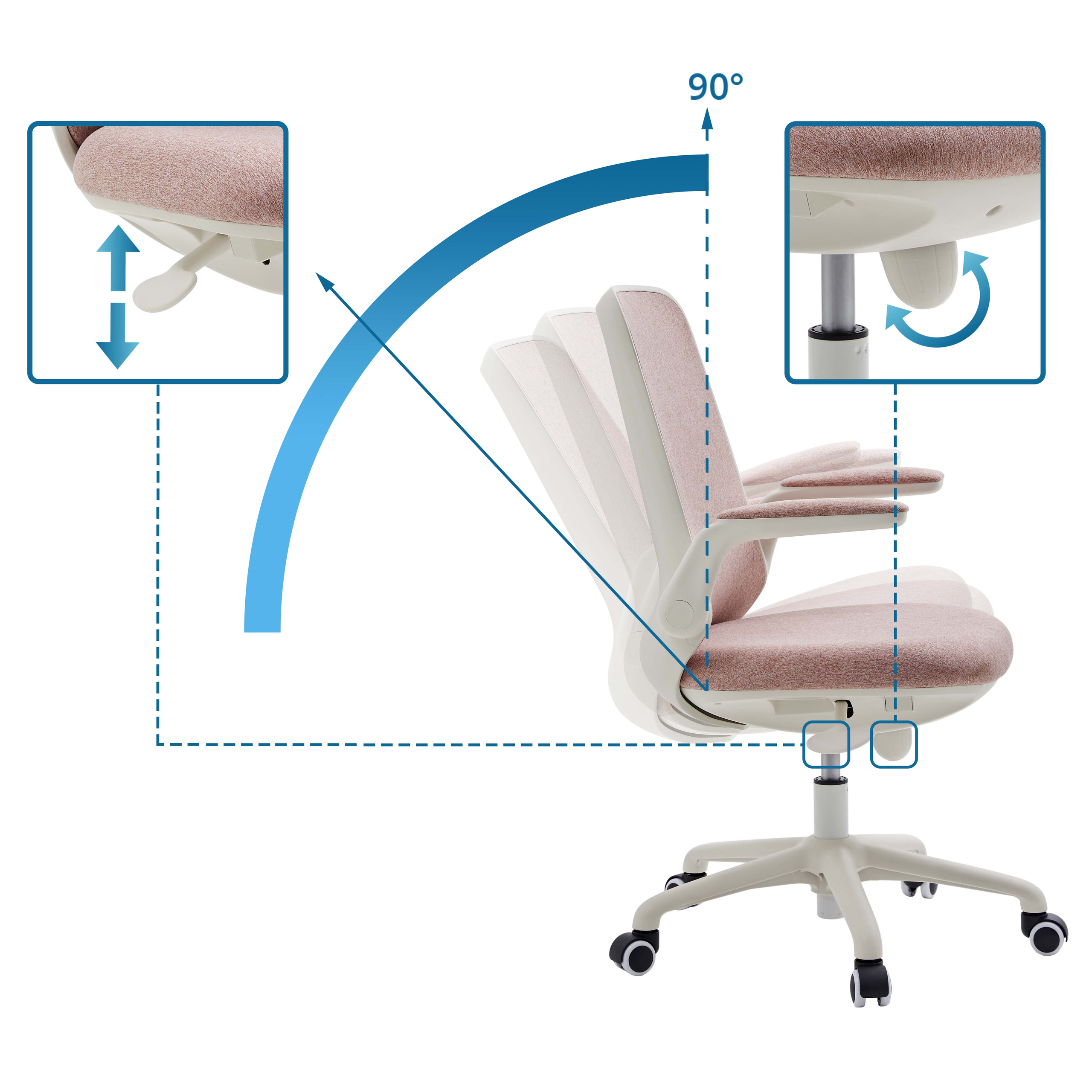 Ein weißer Bürostuhl mit rosa Sitzfläche und Rückenlehne, mit Einstellungsdiagrammen.