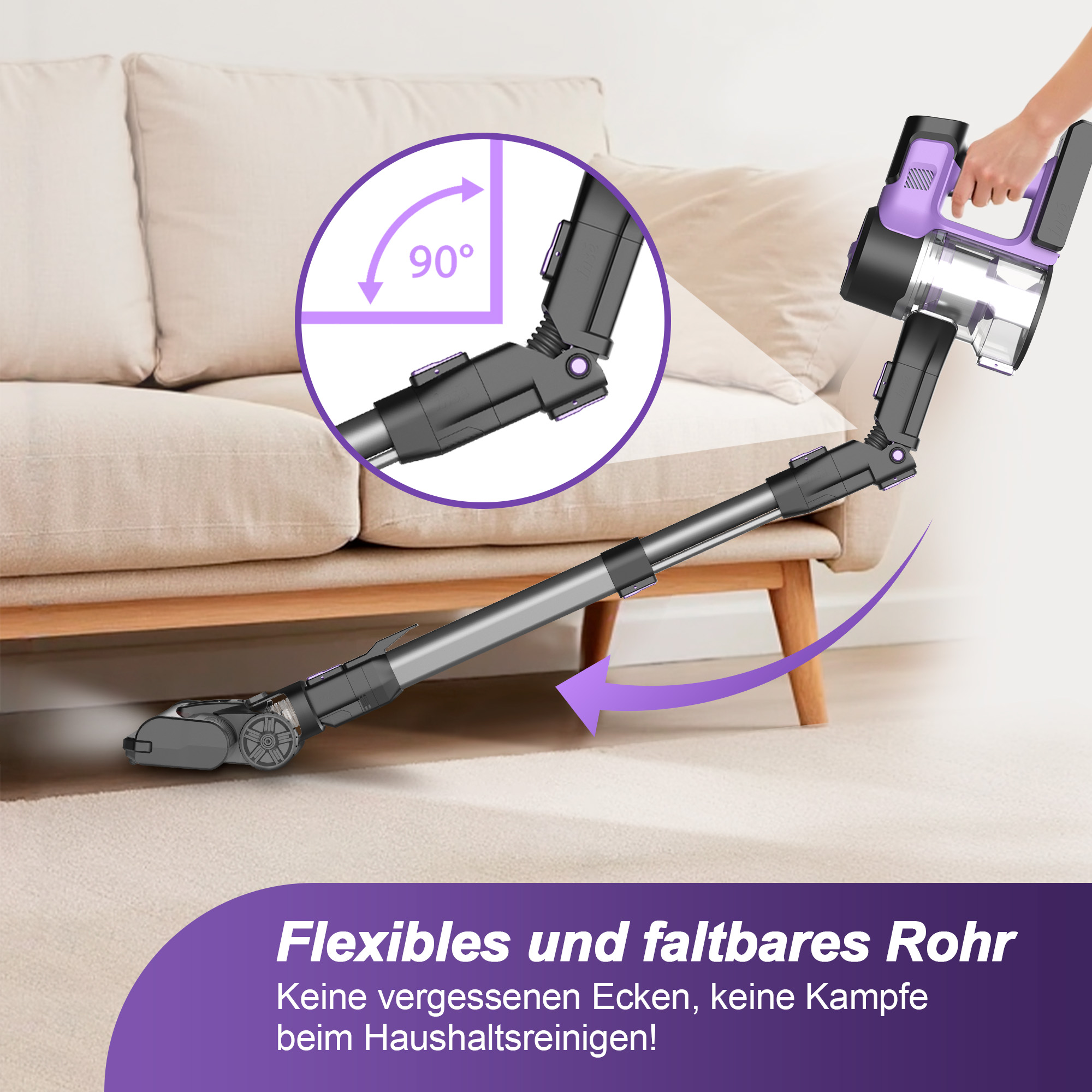 Ein flexibler, faltbarer Staubsauger mit lila Akzent wird in der Nähe eines beigen Sofas und Teppichs gezeigt.