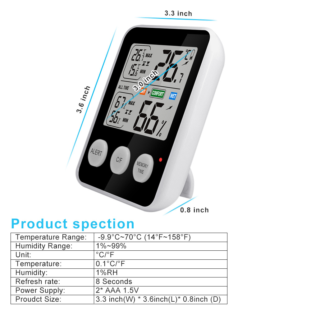 Ein digitales Thermometer, das Temperatur und Luftfeuchtigkeit anzeigt. Es hat Knöpfe und eine Tabelle mit Produktspezifikationen.